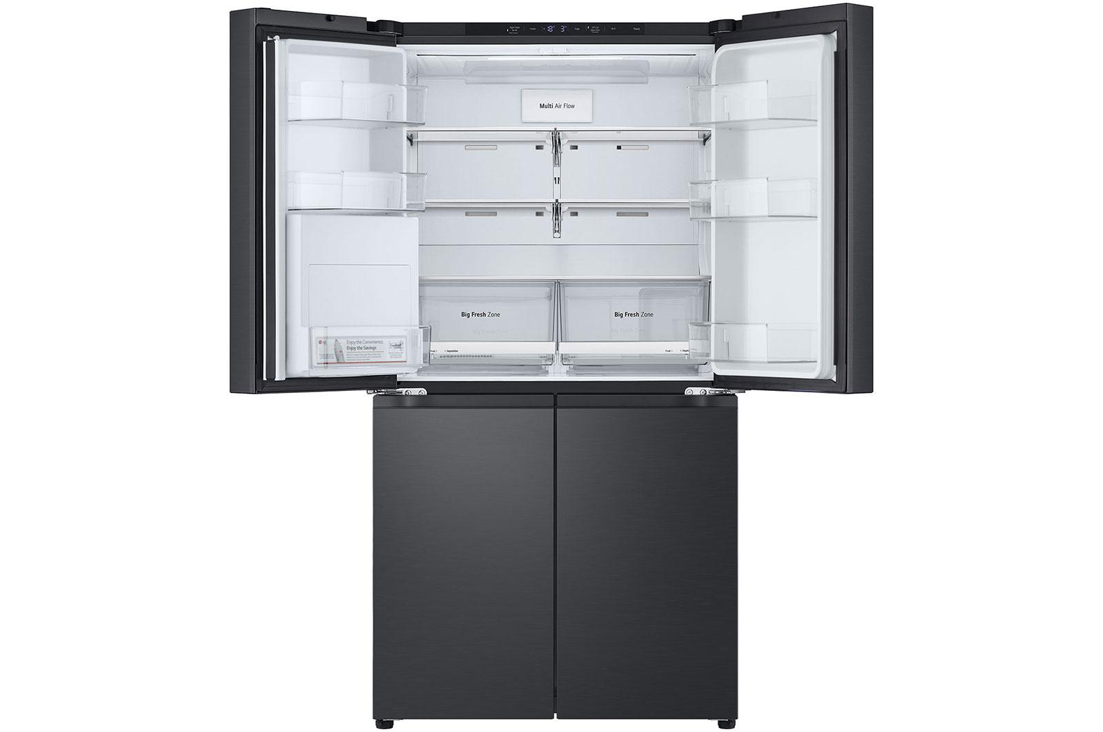 Ein schwarzer Kühlschrank mit offenem Fach und Schubladen. Mehrere Ablagen.