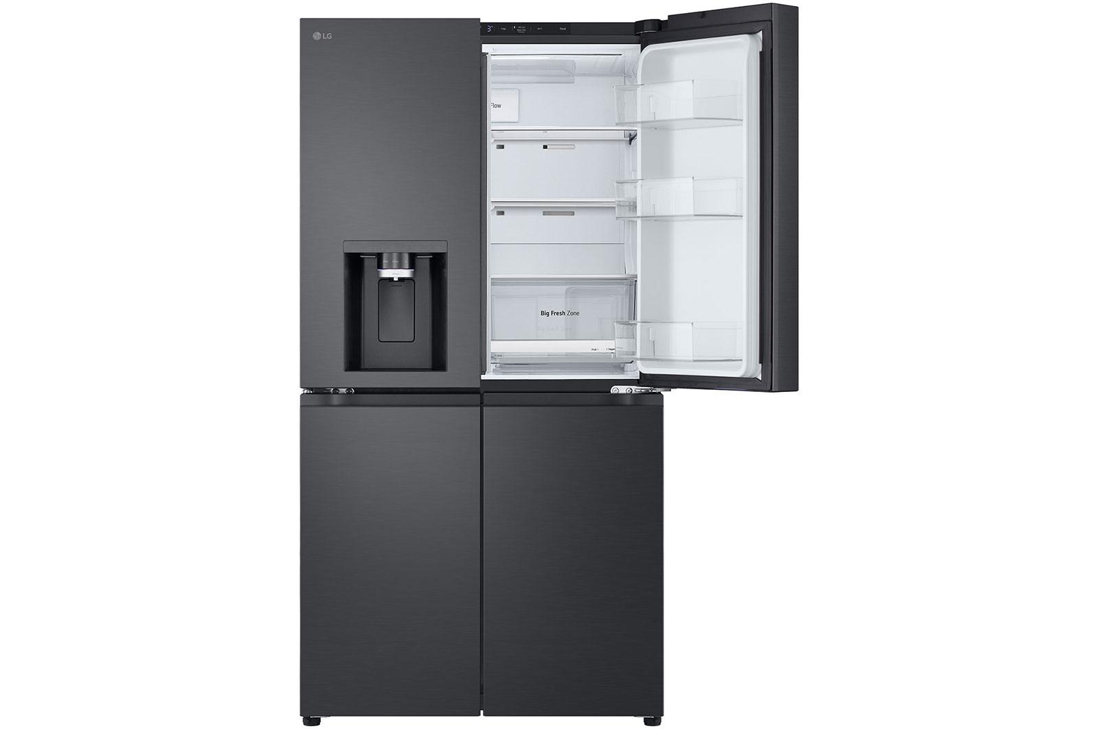 Ein schwarzer Kühlschrank mit offen stehender Tür, innen weiß und leer.