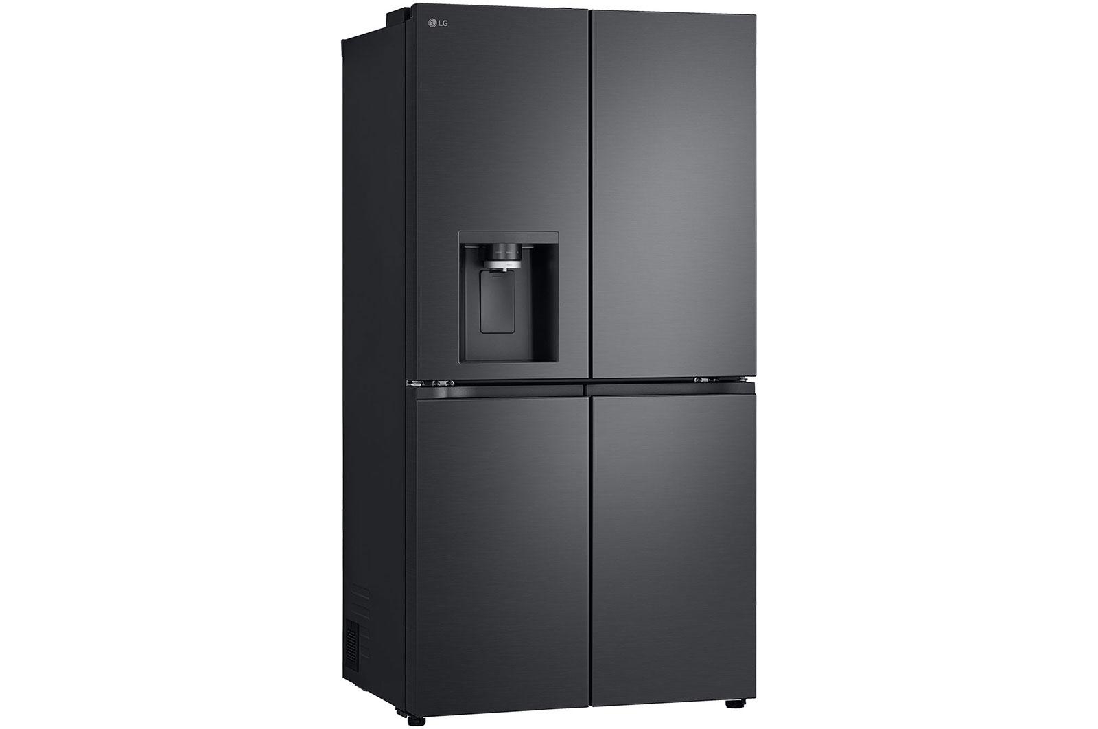 Ein schwarzer LG-Kühlschrank mit vier Türen und einem Wasserspender.