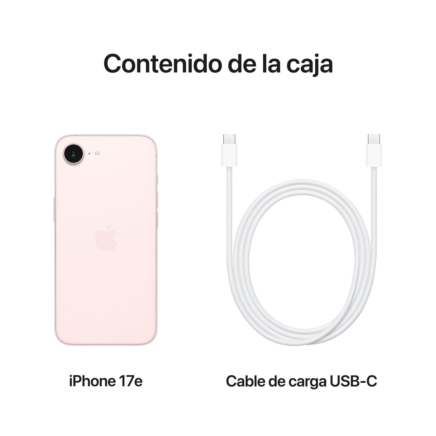Un iPhone rosa y un cable USB-C blanco sobre fondo blanco.