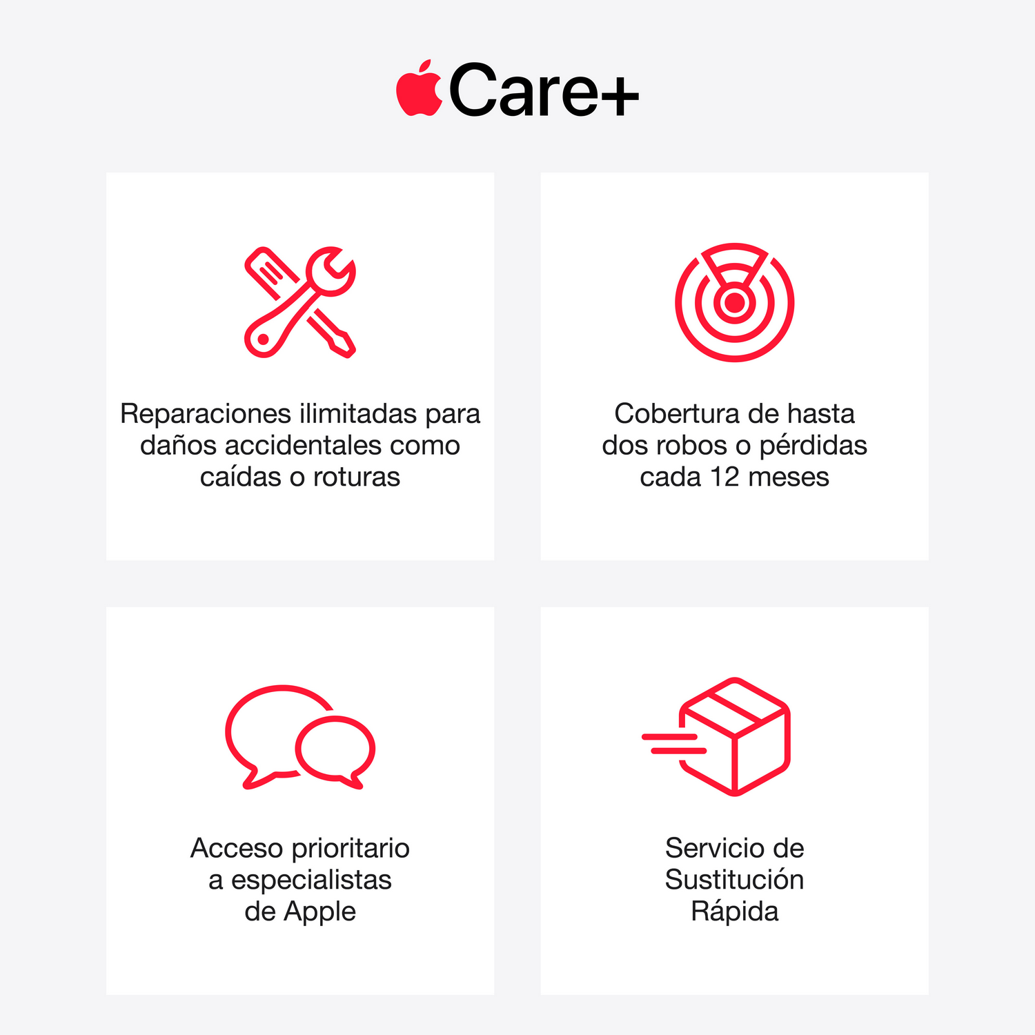 Apple Care+ ofrece reparaciones ilimitadas, cobertura de robos y soporte prioritario.