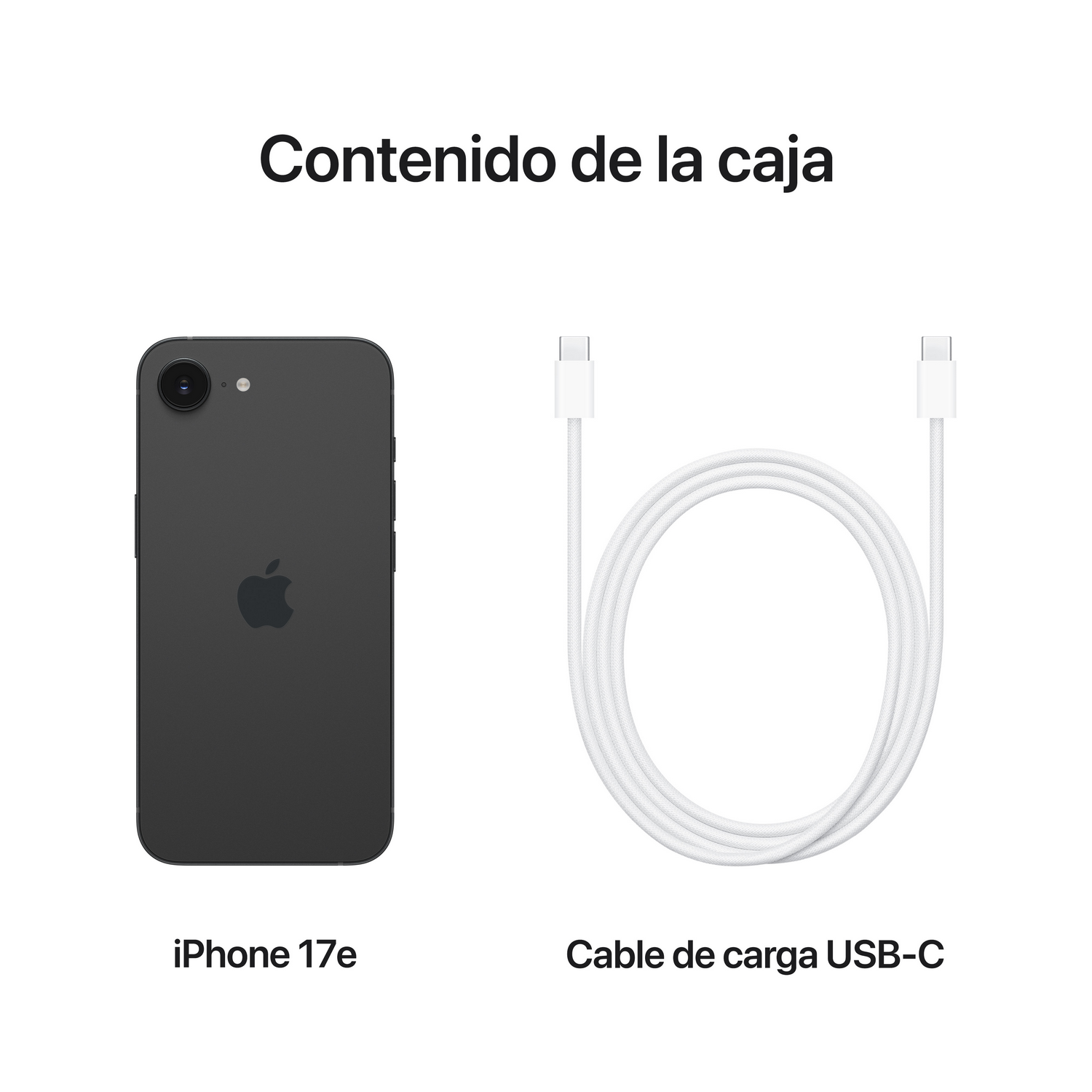 Un iPhone 17e negro y un cable de carga USB-C blanco.