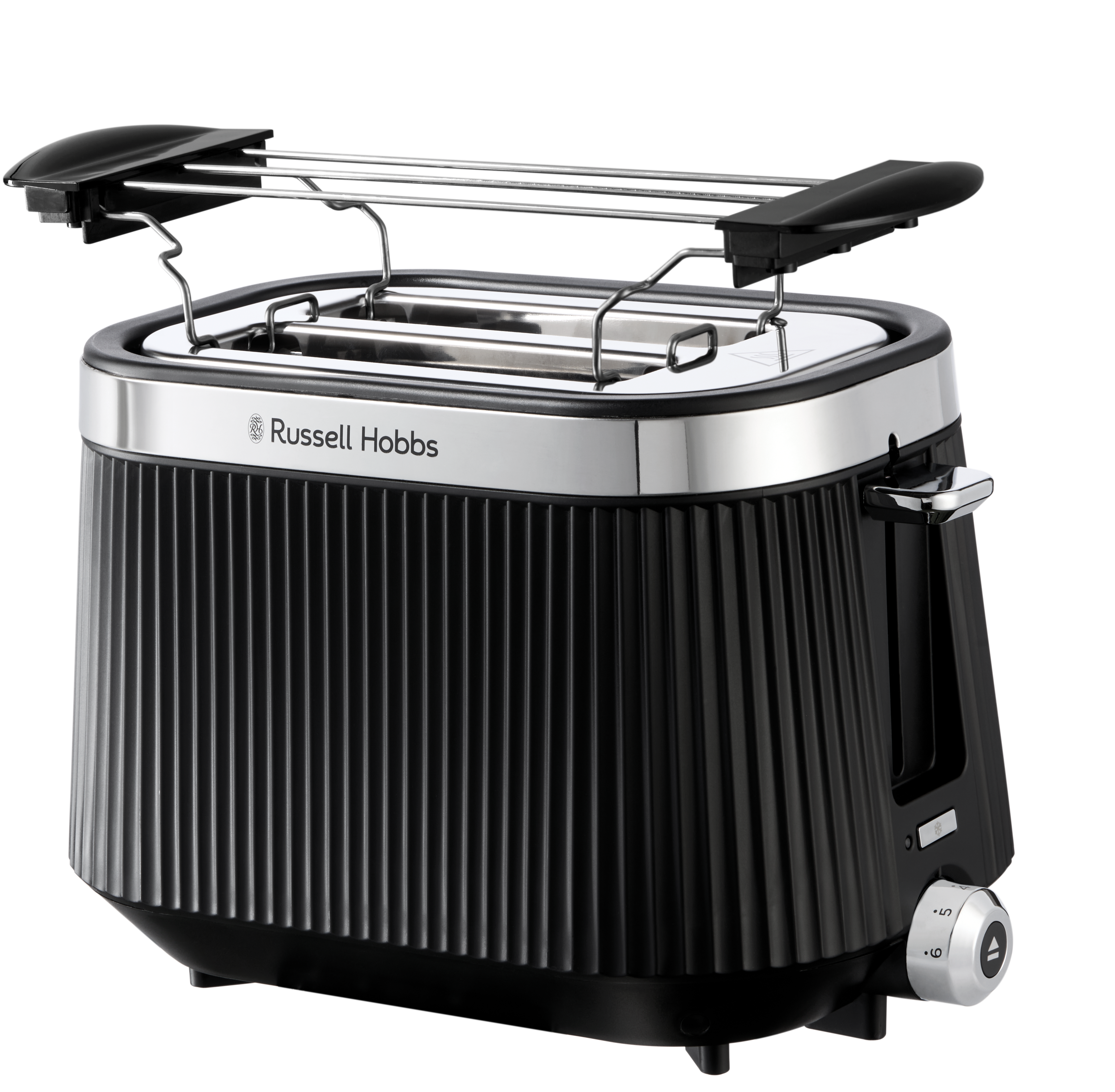 Schwarzer Russell Hobbs Toaster mit gerippter Textur und Chromdetails.