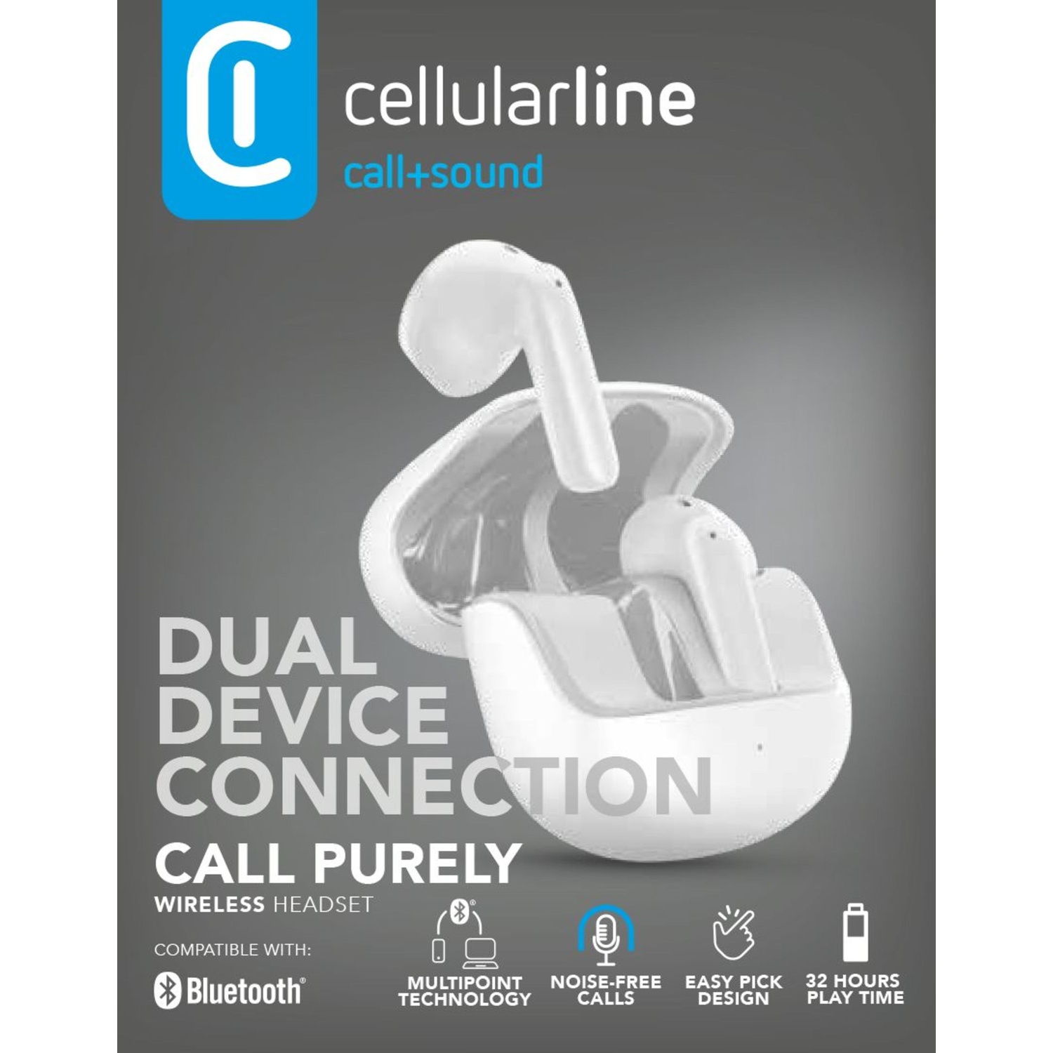 Auricolari wireless bianchi con custodia di ricarica, marca Cellularline.