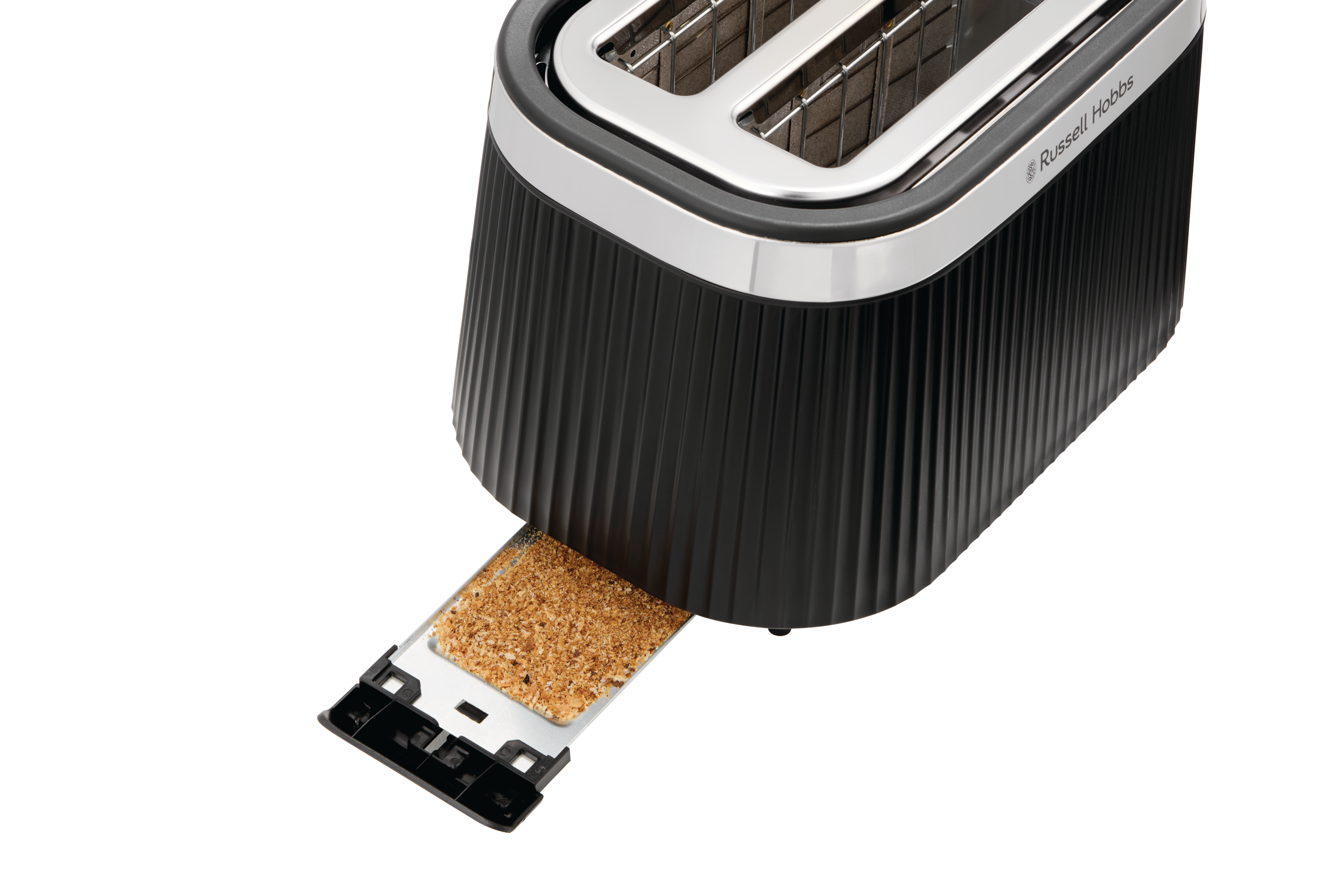 Ein schwarzer Toaster mit geriffelter Oberfläche und Chromdetails.