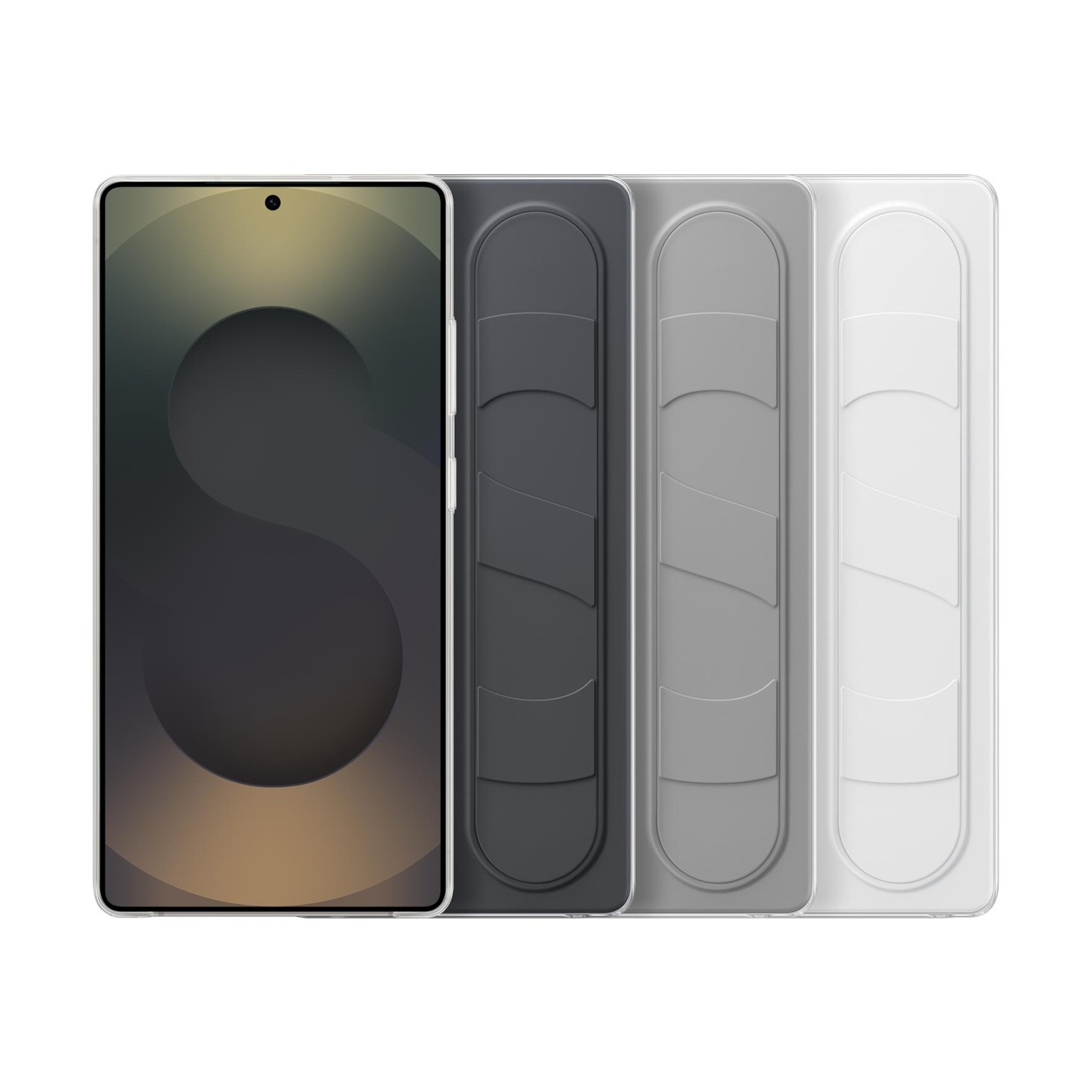 Uno smartphone accanto a tre custodie per telefono grigio scuro, grigio chiaro e bianco.