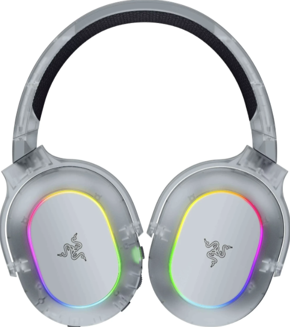 Transparente Kopfhörer mit RGB-Beleuchtung und Razer-Logo.