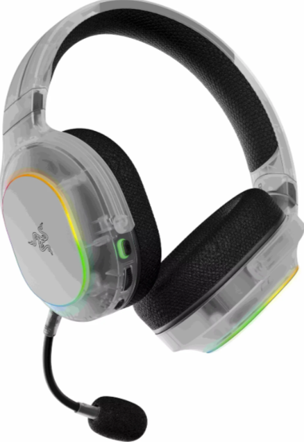 Transparente Kopfhörer mit RGB-Beleuchtung und Mikrofon auf weißem Hintergrund.