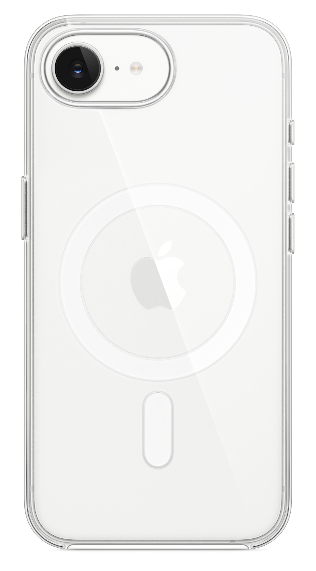 Przezroczyste etui z logo Apple i aparatem na białym tle.