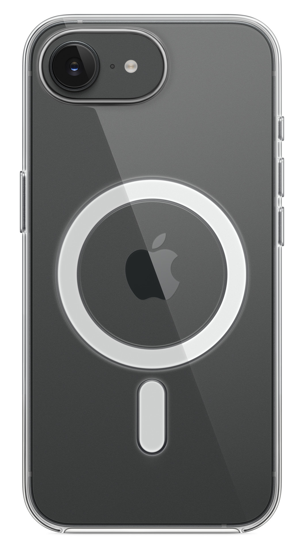Przezroczyste etui z logo Apple i pierścieniem MagSafe na ciemnym iPhonie.