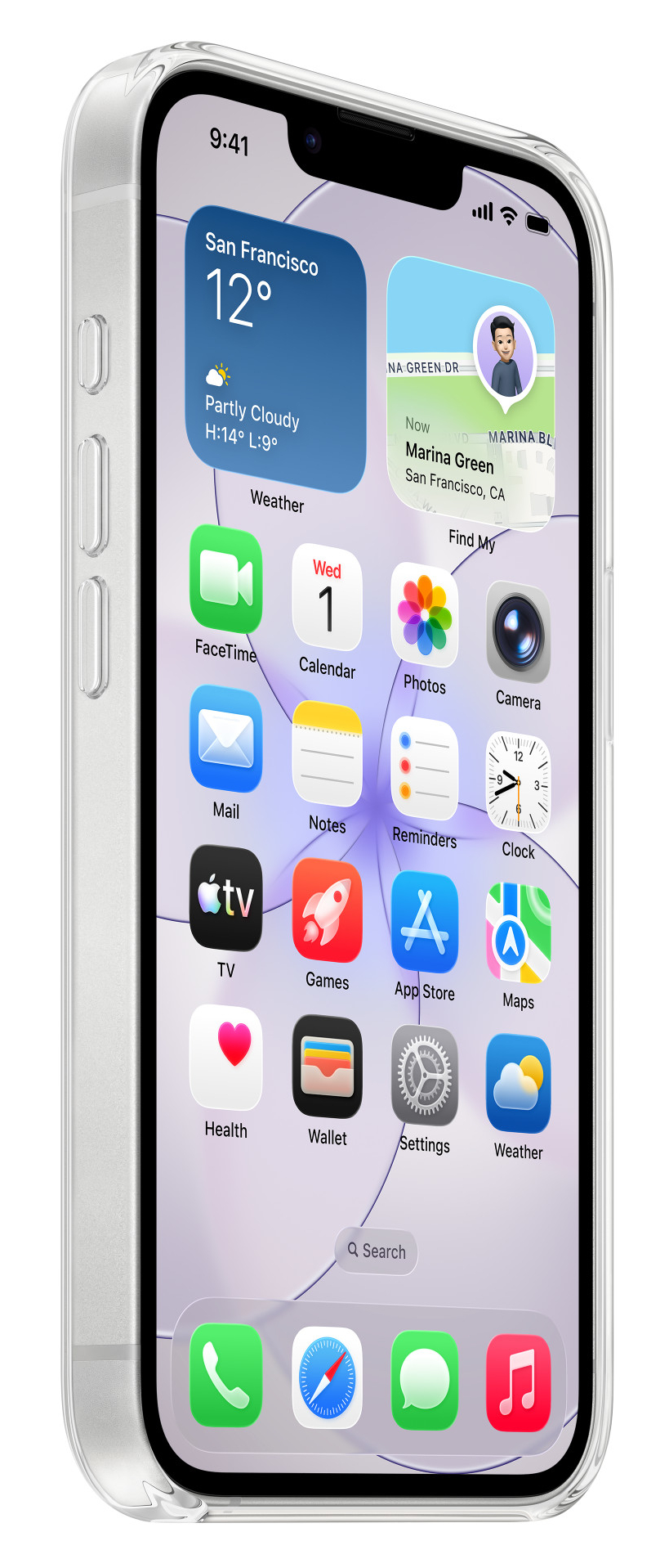 iPhone wyświetlający aplikacje takie jak Pogoda, Kalendarz i Aparat.