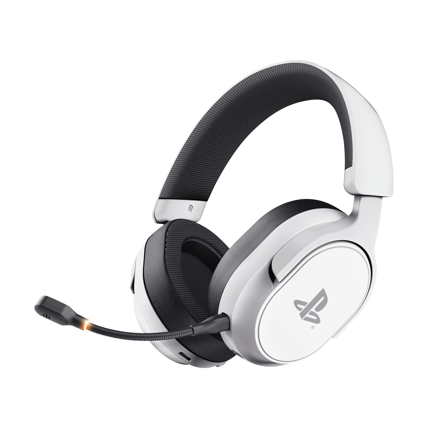 Cuffie bianche con microfono e logo PlayStation sull'auricolare.