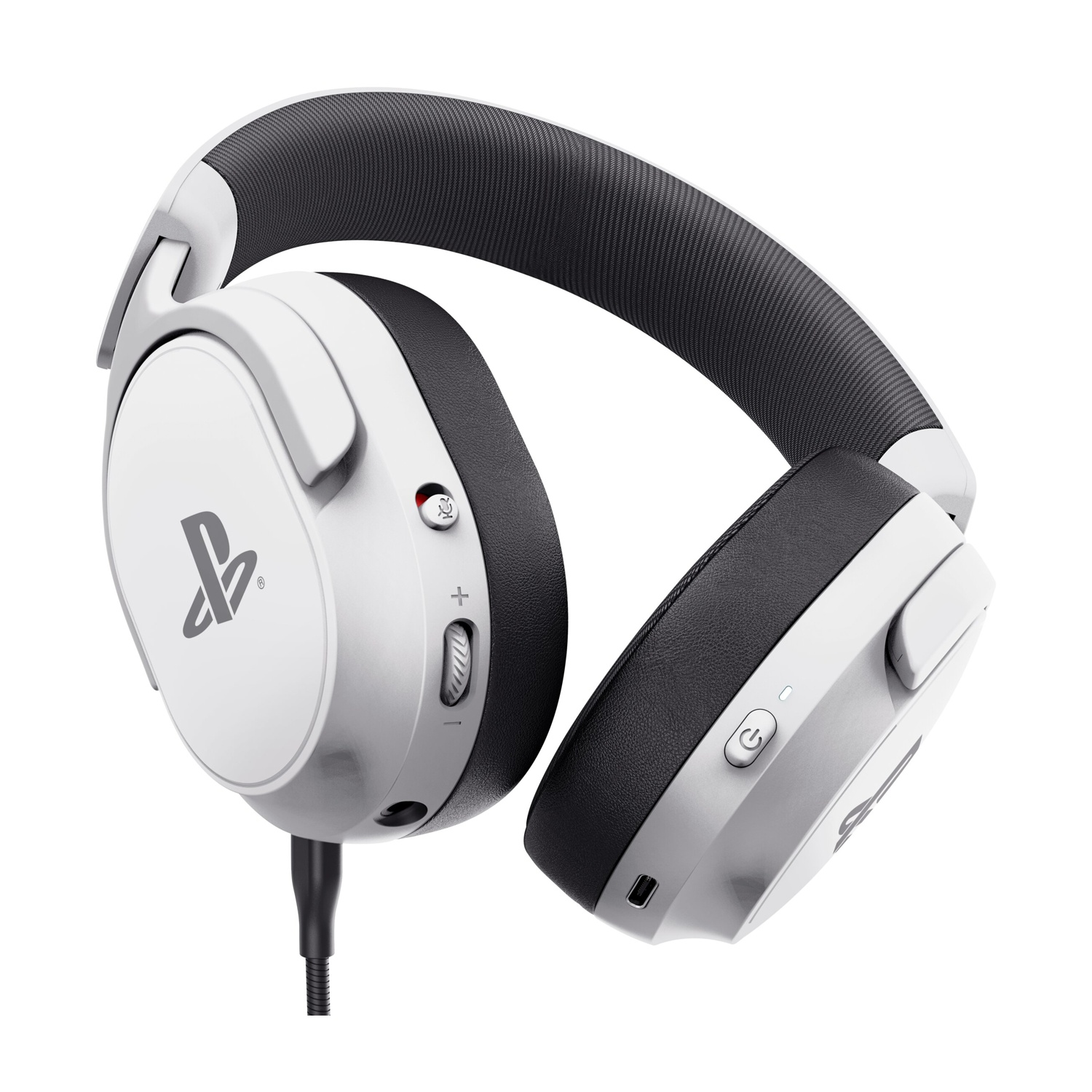 Cuffie bianche con archetto e padiglioni neri, con logo PlayStation.