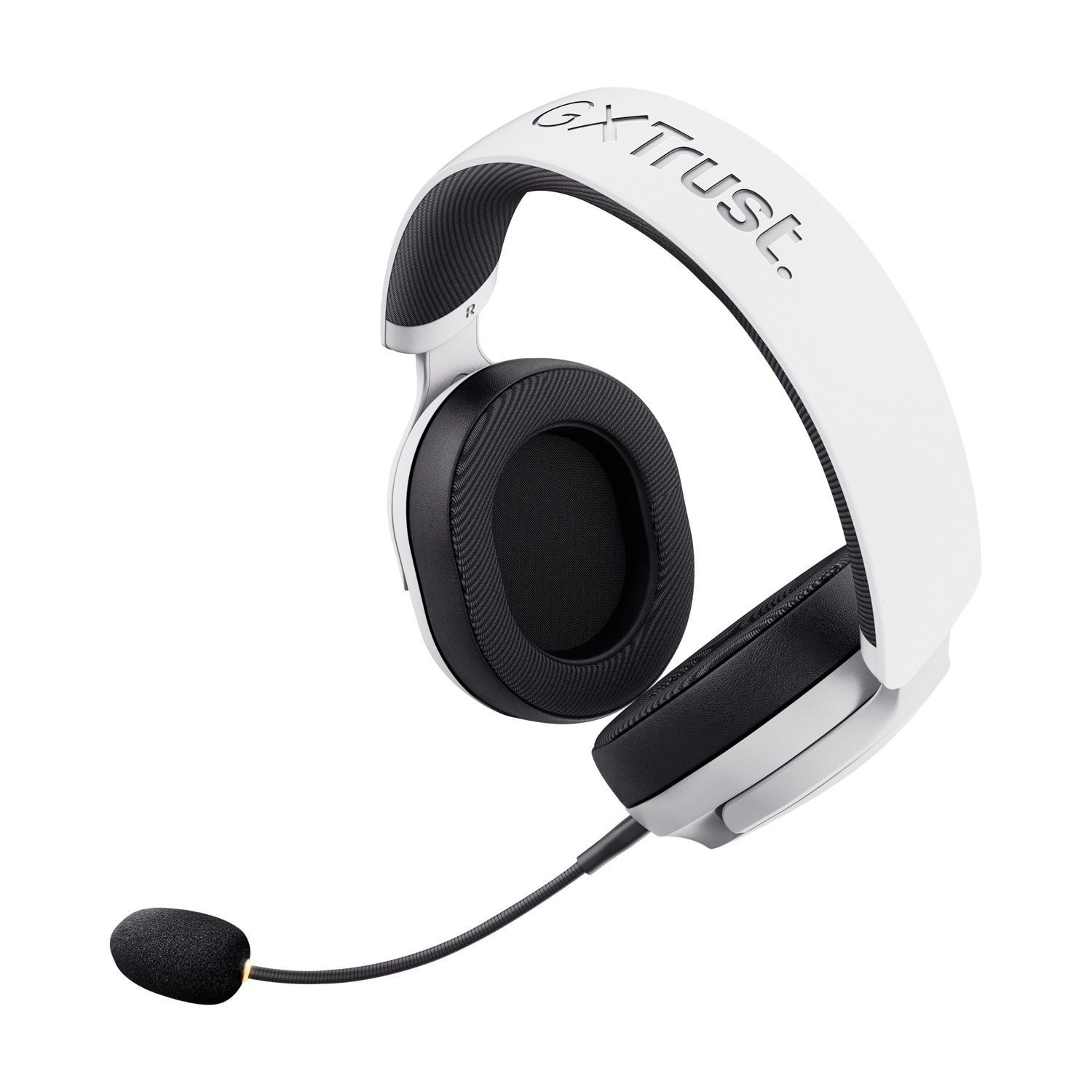 Cuffie da gaming bianche con microfono nero e nome del marchio.