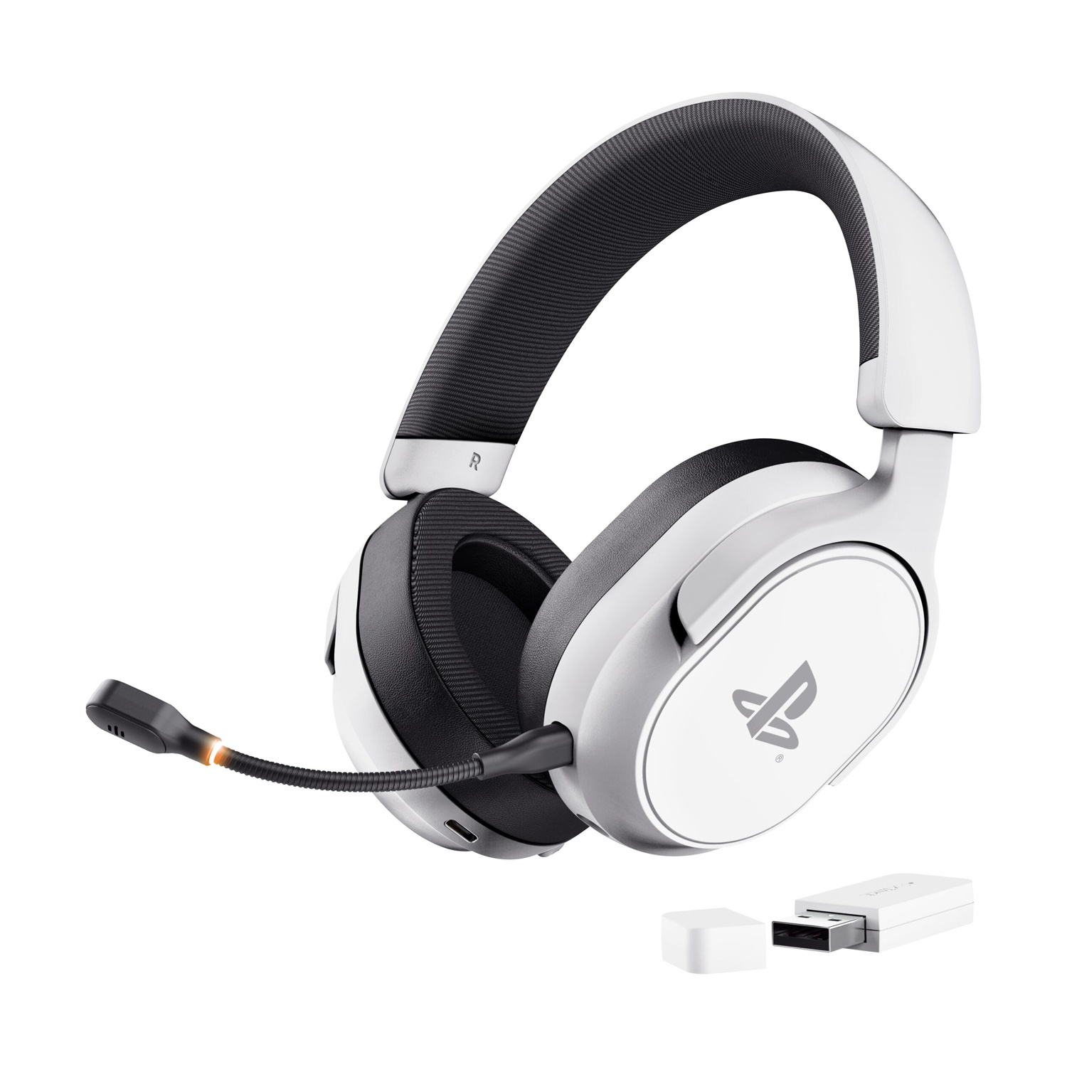 Cuffie bianche con microfono e dongle USB, logo PlayStation.