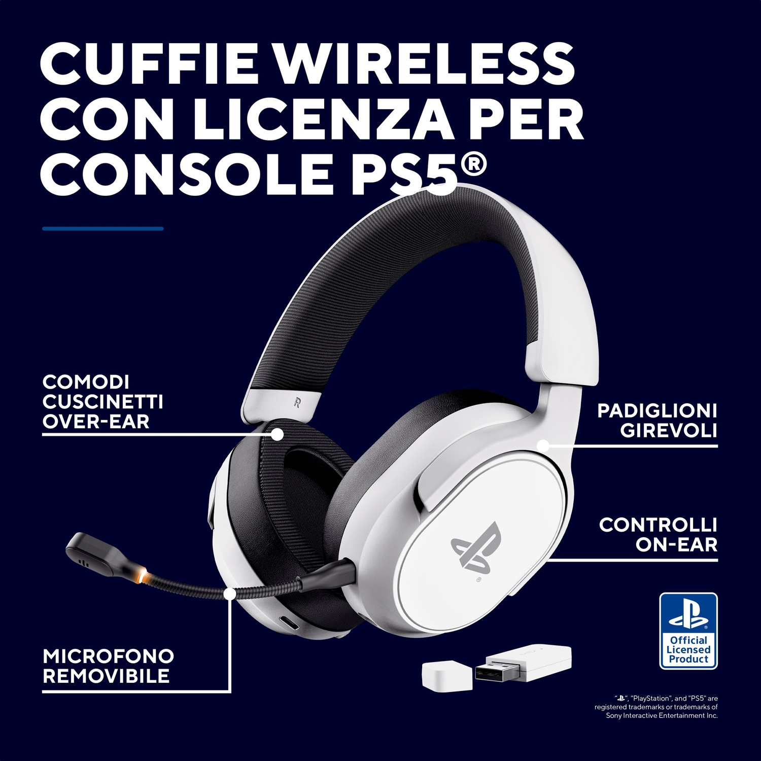 Cuffie wireless bianche con licenza PS5: microfono, padiglioni girevoli e controlli on-ear.