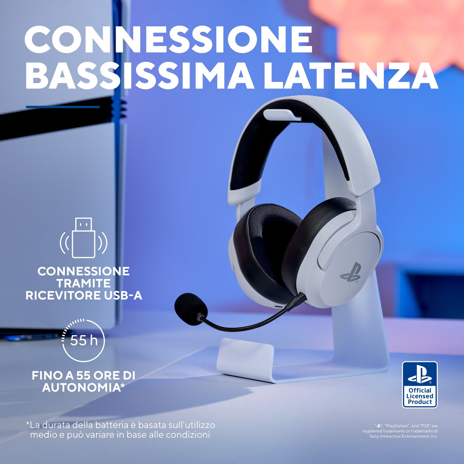 Cuffie gaming bianche con microfono su supporto, logo PS, 55h batteria.