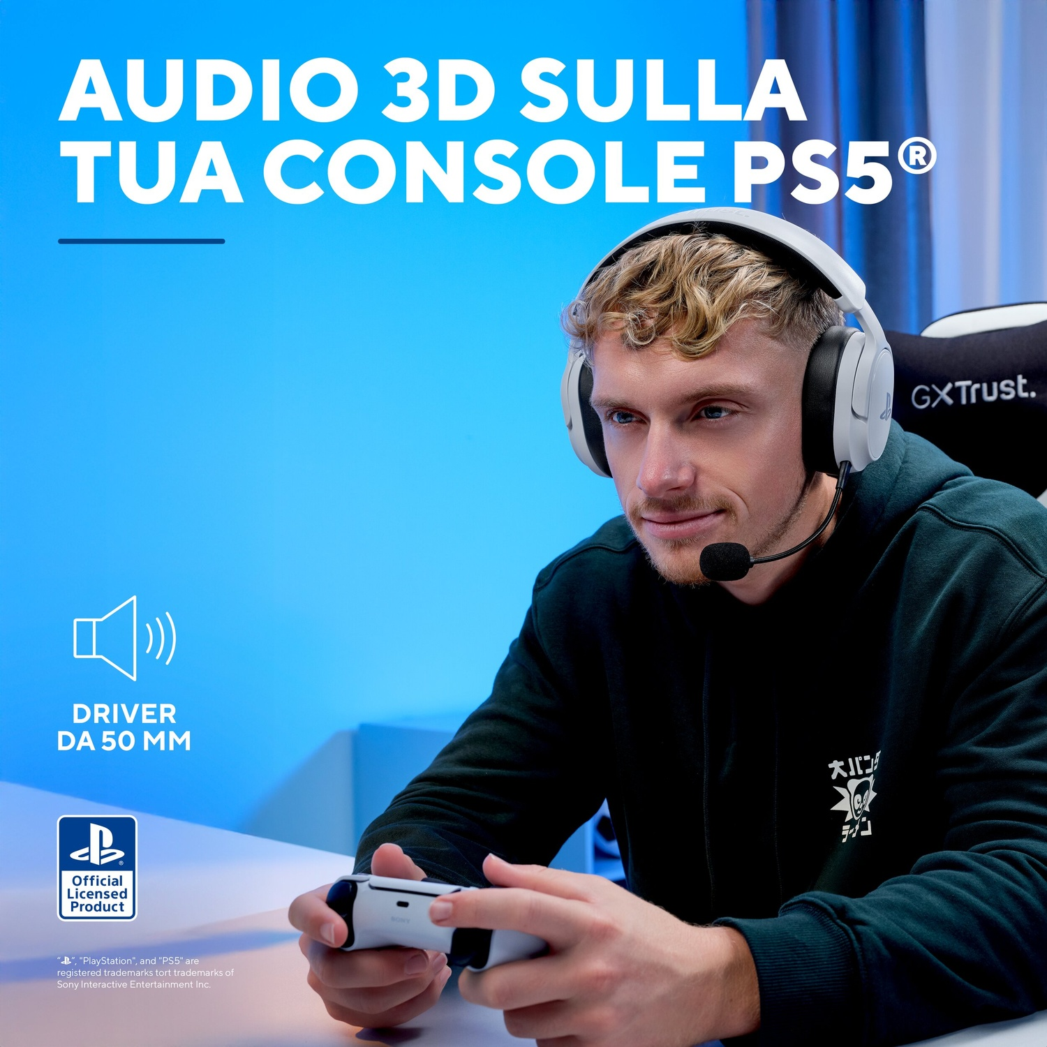 Uomo con cuffie gioca PS5 con controller. Testo sull'audio 3D.