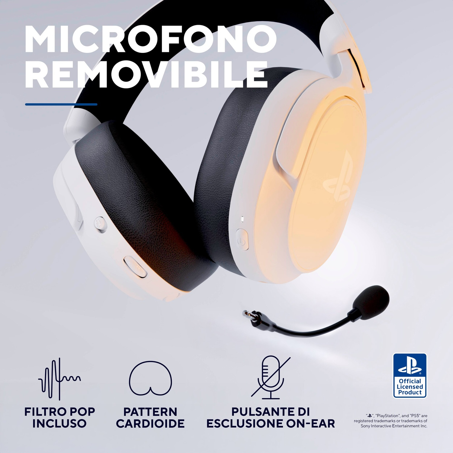 Cuffie bianche e nere con microfono rimovibile e logo PS.