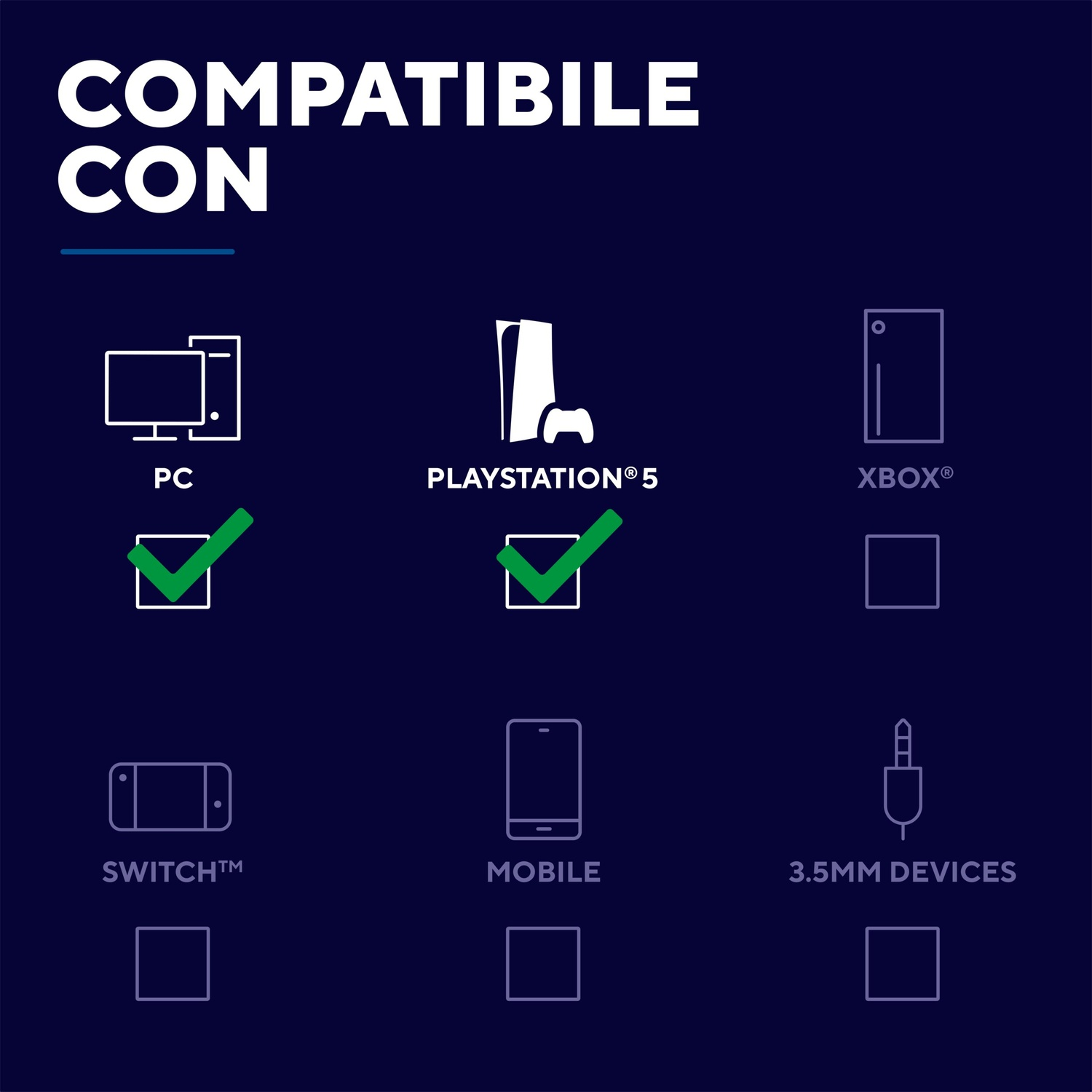 Icone di compatibilità per PC e PlayStation 5 con segni di spunta verdi.