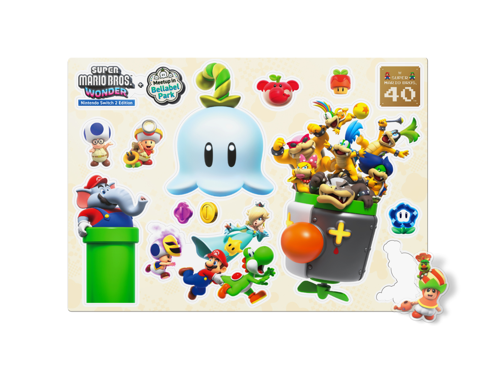 Arkusz naklejek Super Mario Bros. Wonder z postaciami takimi jak Mario, Luigi, Yoshi i Bowser Jr.