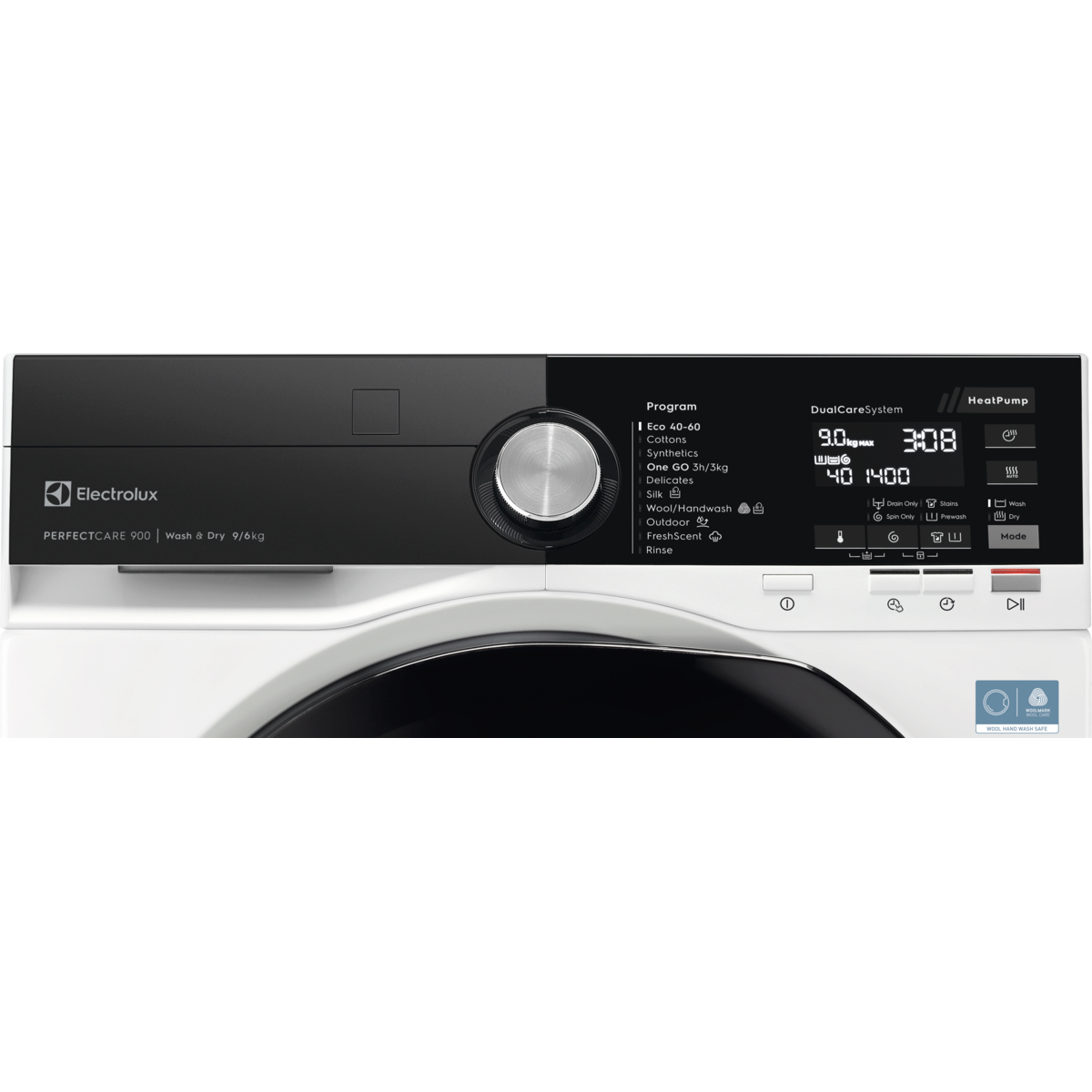 Egy fehér és fekete Electrolux mosógép kijelzővel és forgókapcsolóval.