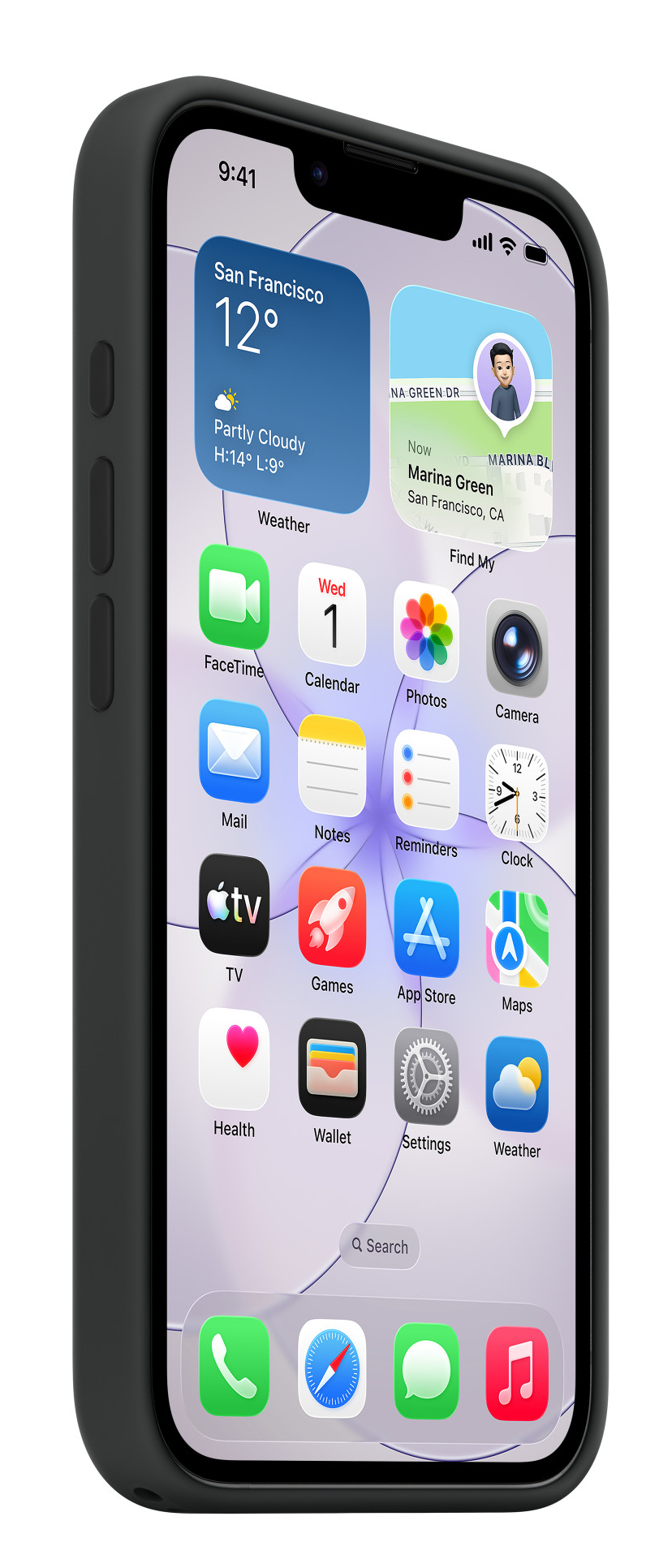 Czarny iPhone wyświetlający widżet pogodowy i ikony aplikacji.