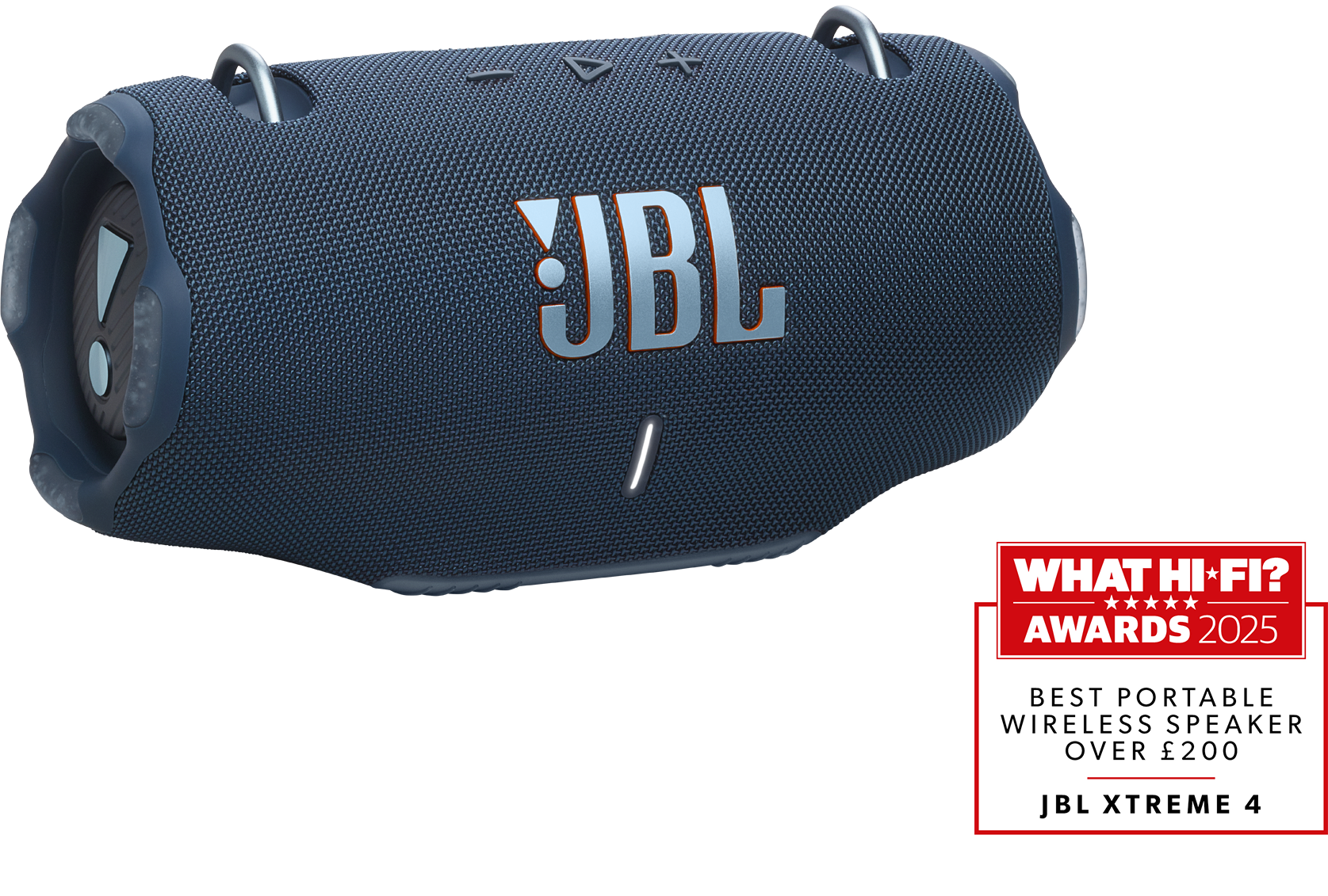 Kék JBL Xtreme 4 hangszóró, „Legjobb hordozható vezeték nélküli hangszóró” díjjal.
