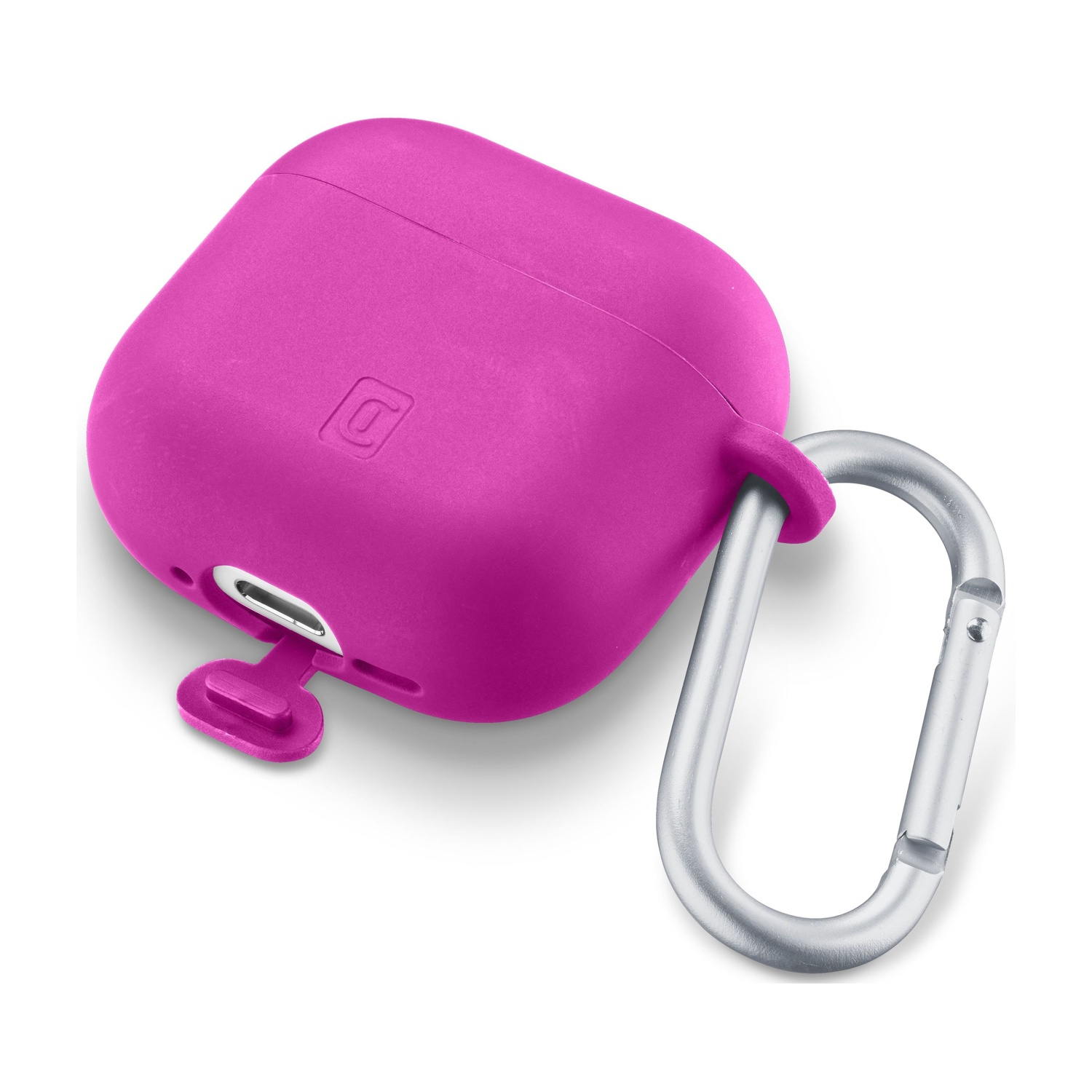 Una custodia rosa con moschettone e porta di ricarica.