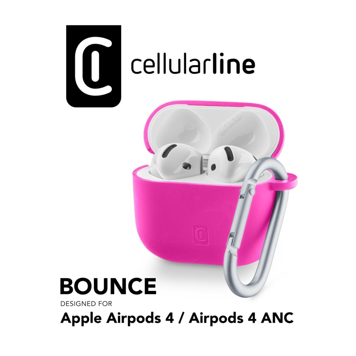 Auricolari bianchi in una custodia rosa aperta con moschettone.