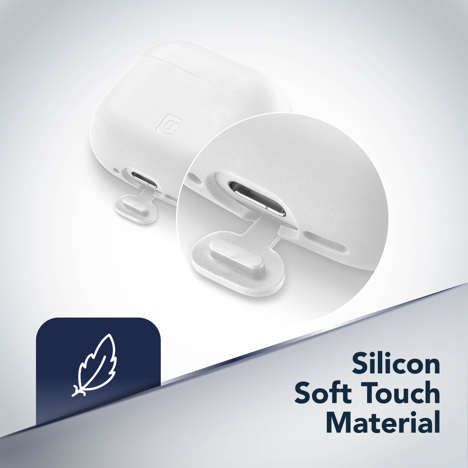 Custodia bianca con porta di ricarica e icona piuma. Silicone soft touch.