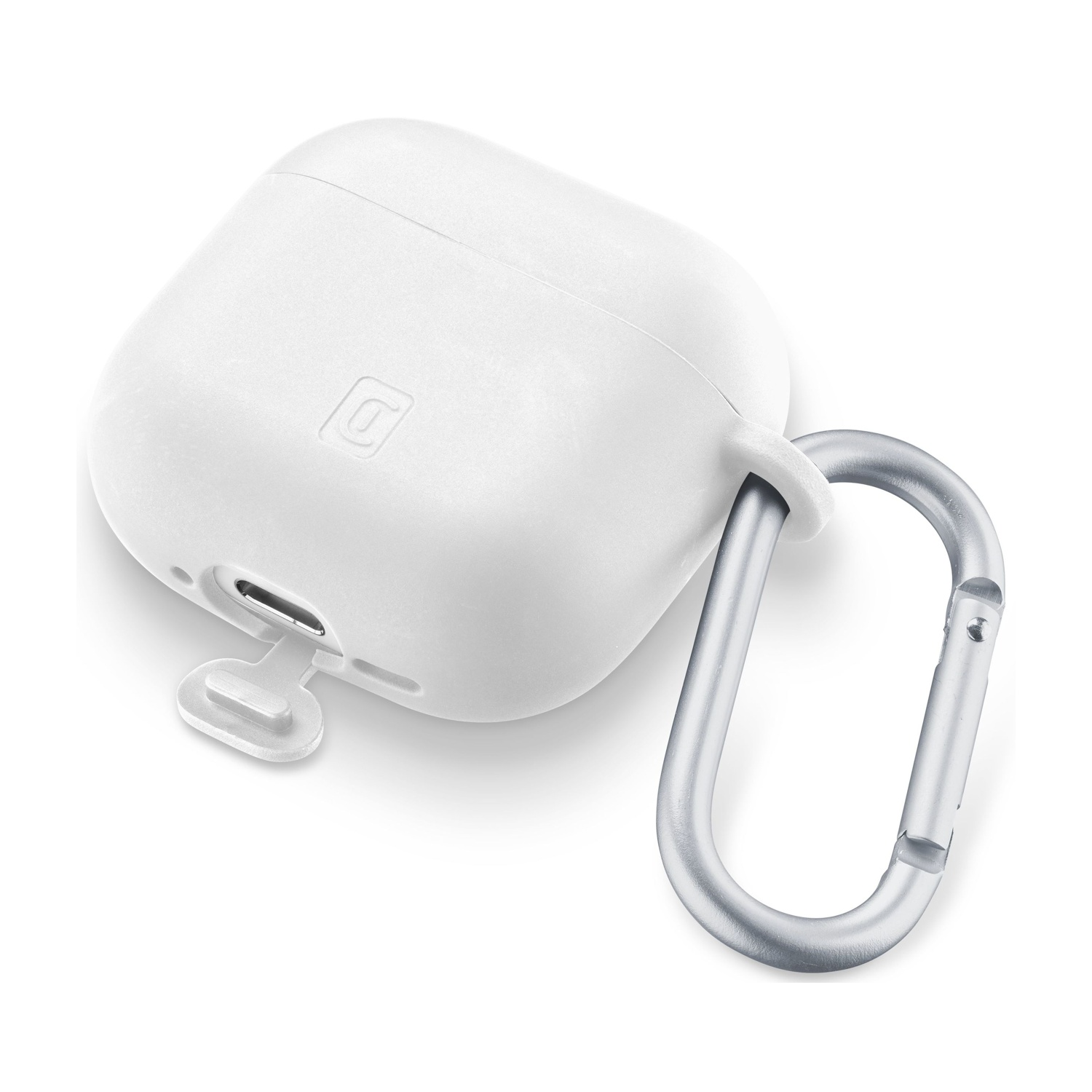 Custodia bianca per AirPods con moschettone argentato e sportello porta di ricarica aperto.