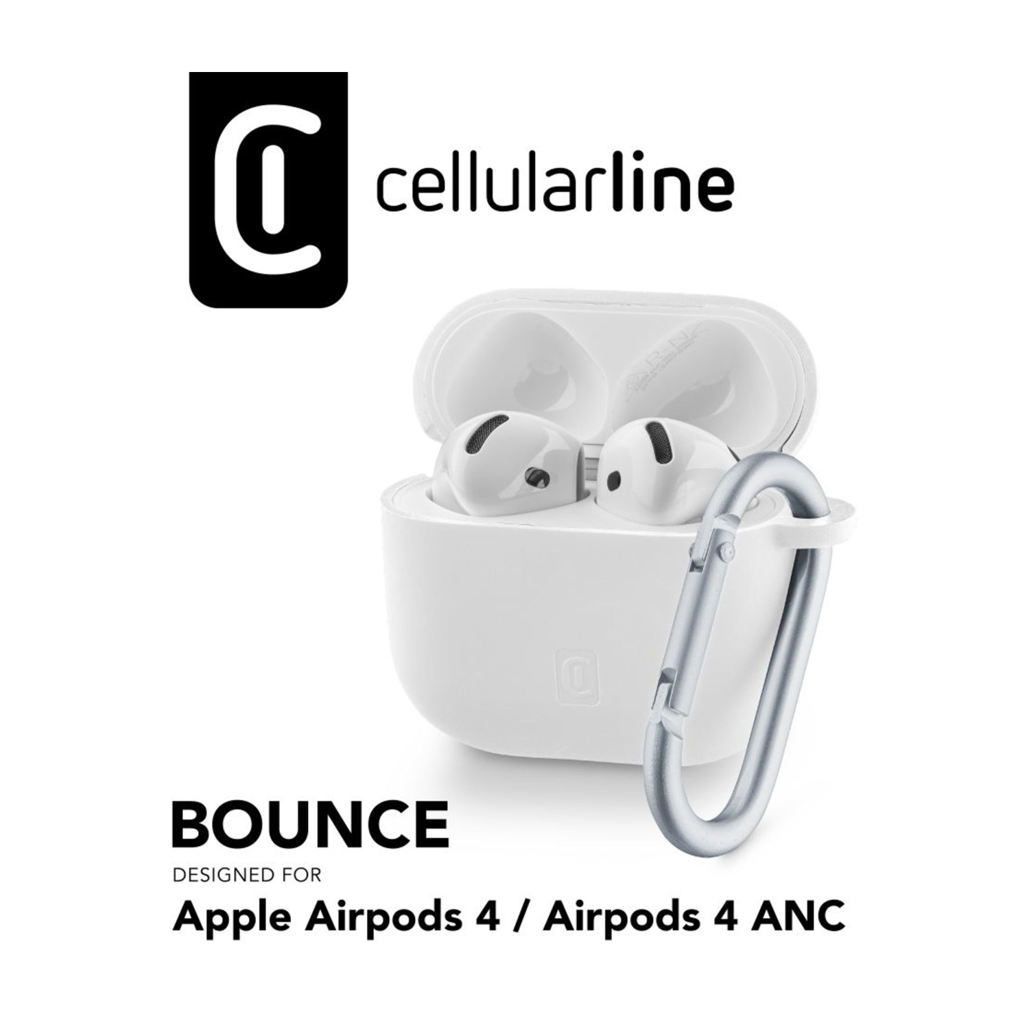 Auricolari wireless bianchi in custodia di ricarica bianca con clip a moschettone, logo Cellularline a lato.