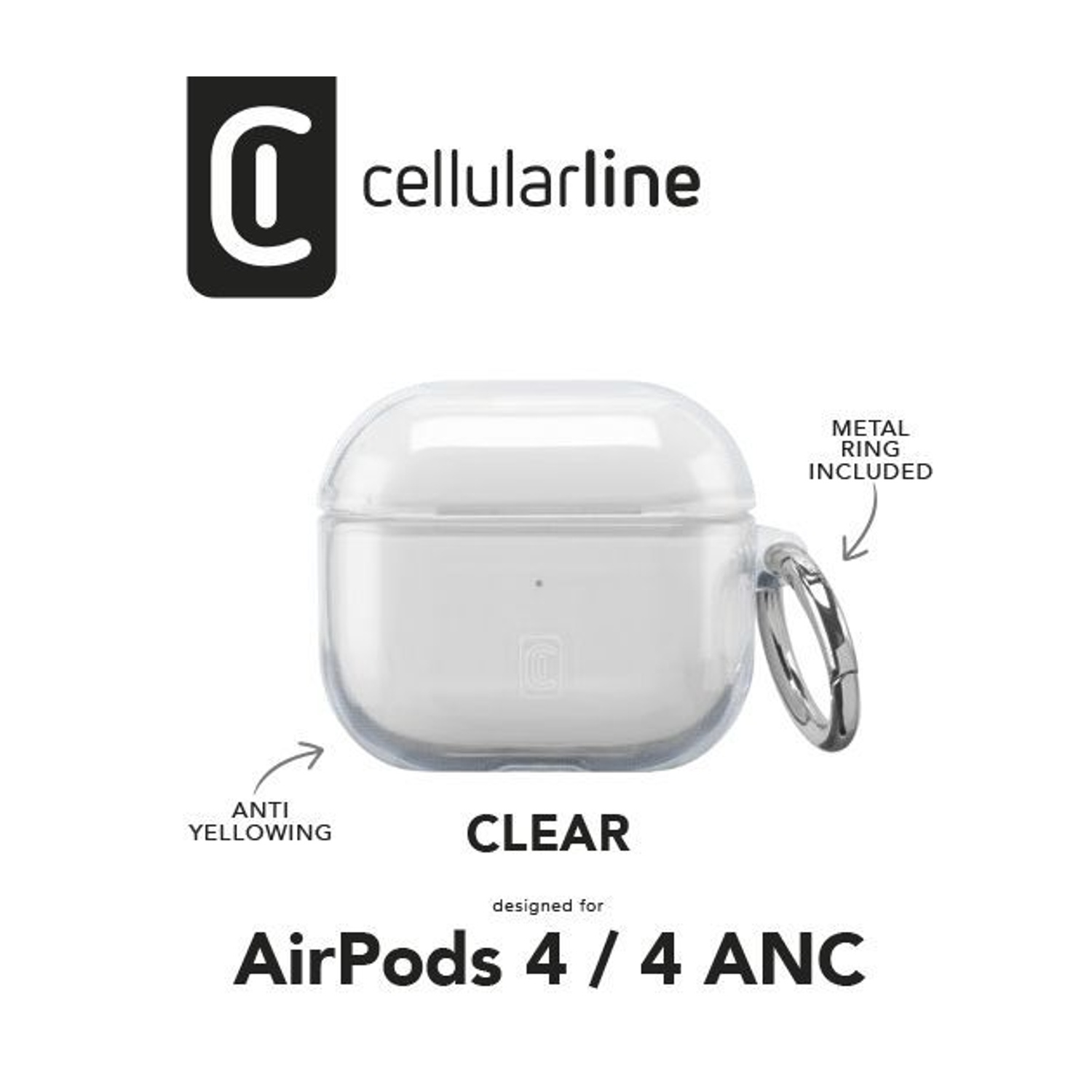 Custodia trasparente per AirPods 4/4 ANC con anello metallico, anti-ingiallimento.