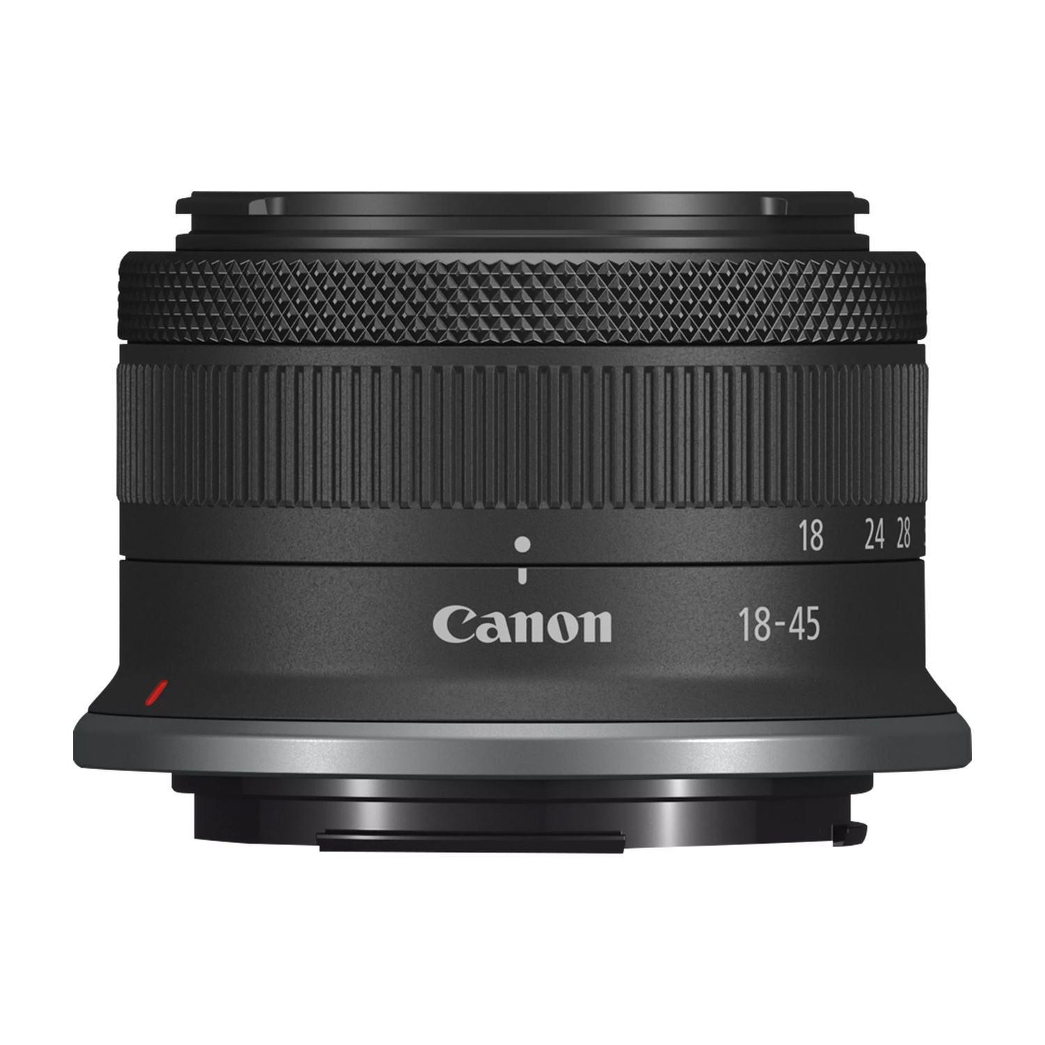 Obiettivo Canon nero 18-45 mm con ghiere di messa a fuoco e zoom.