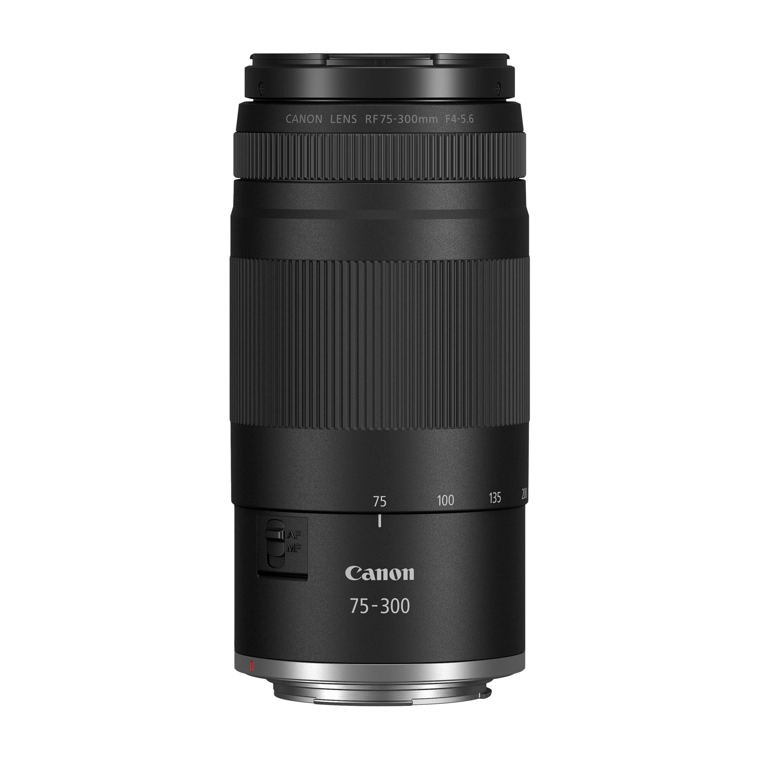 Un obiettivo Canon RF 75-300mm F4-5.6 nero con ghiere zoom e messa a fuoco.