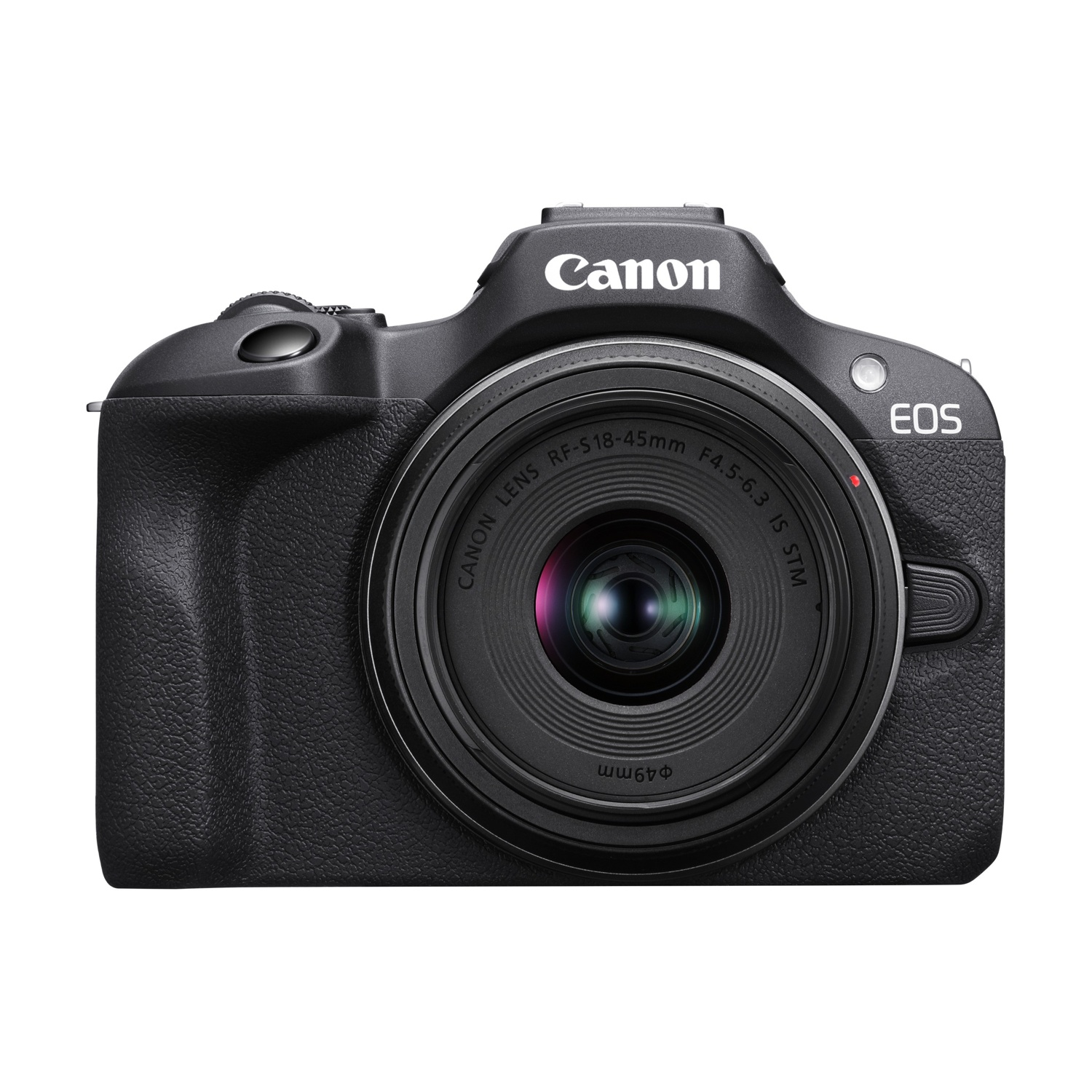 Fotocamera Canon EOS nera con obiettivo, scritte bianche.