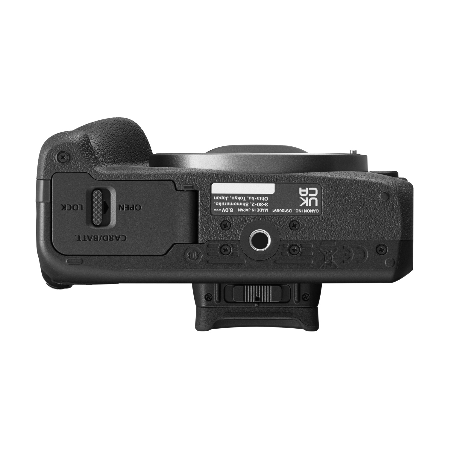 Parte inferiore nera della fotocamera con testo e porte. Simboli blocco/aperto.