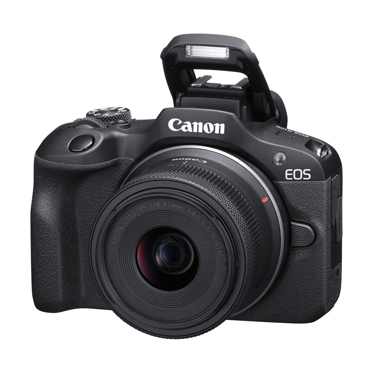 Fotocamera Canon EOS nera con flash a scomparsa e obiettivo.
