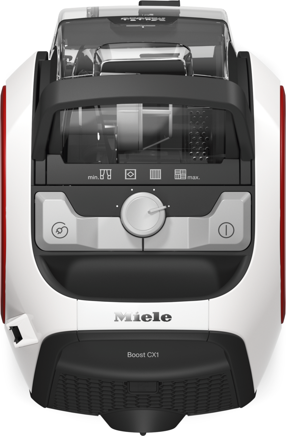 Weißer Miele Boost CX1 Staubsauger mit transparentem Staubbehälter und Bedienelementen.