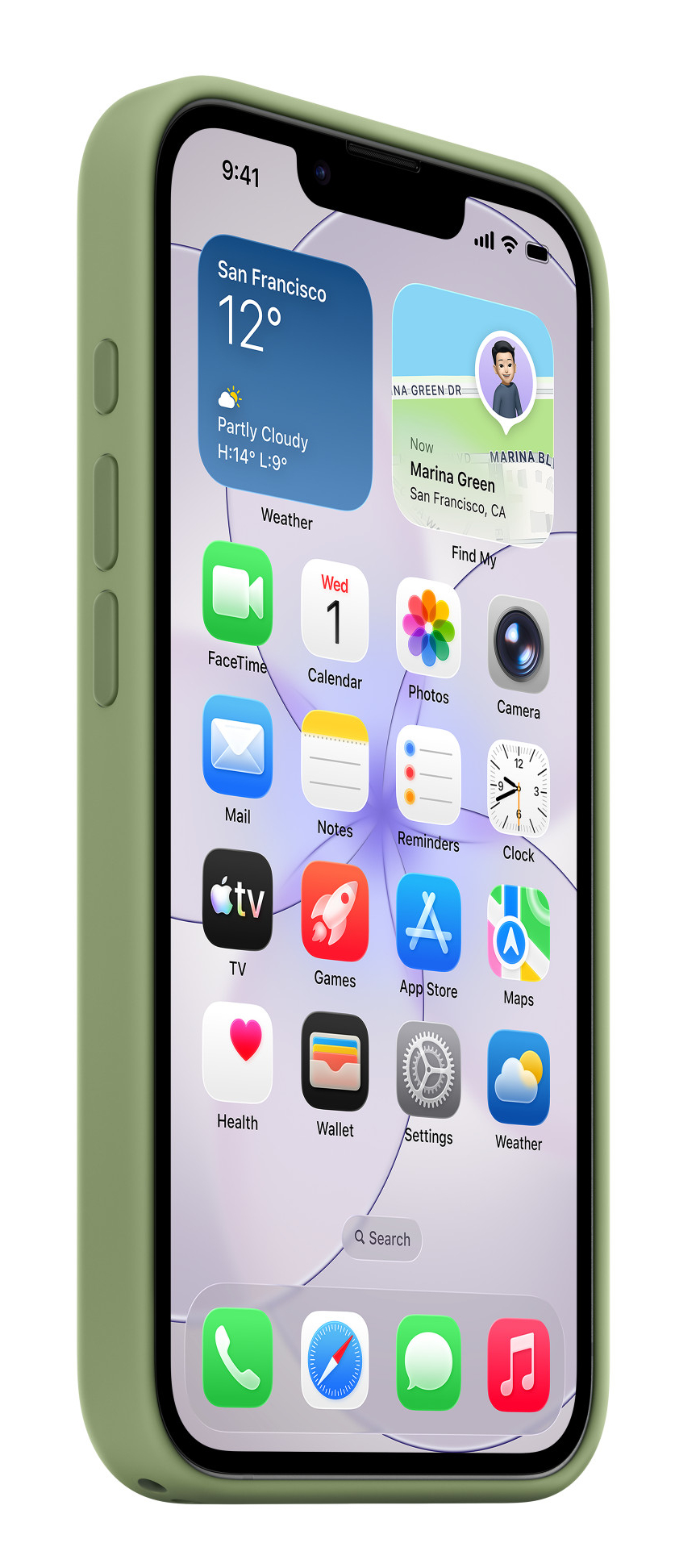 Zielony iPhone wyświetla ekran aplikacji z pogodą i różnymi aplikacjami.