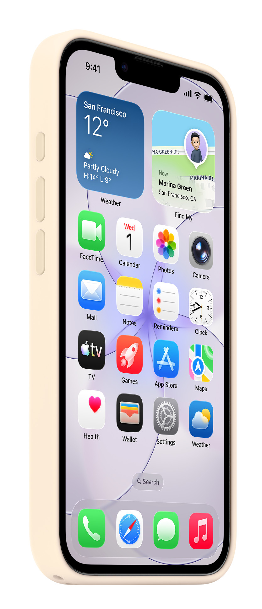 Jasny iPhone w kremowej obudowie wyświetla ekran główny z widżetami pogody i osób.
