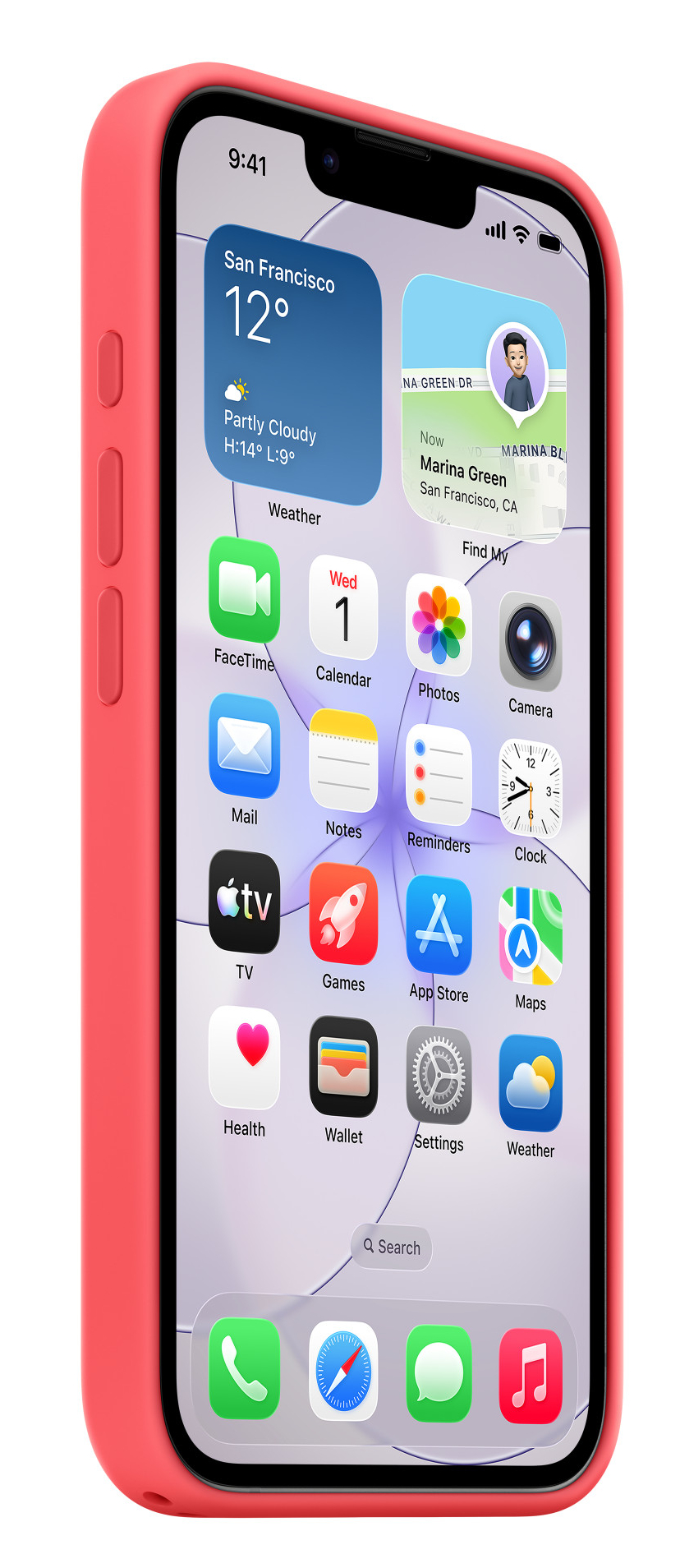 Czerwony iPhone wyświetlający różne ikony aplikacji i widżety na ekranie.