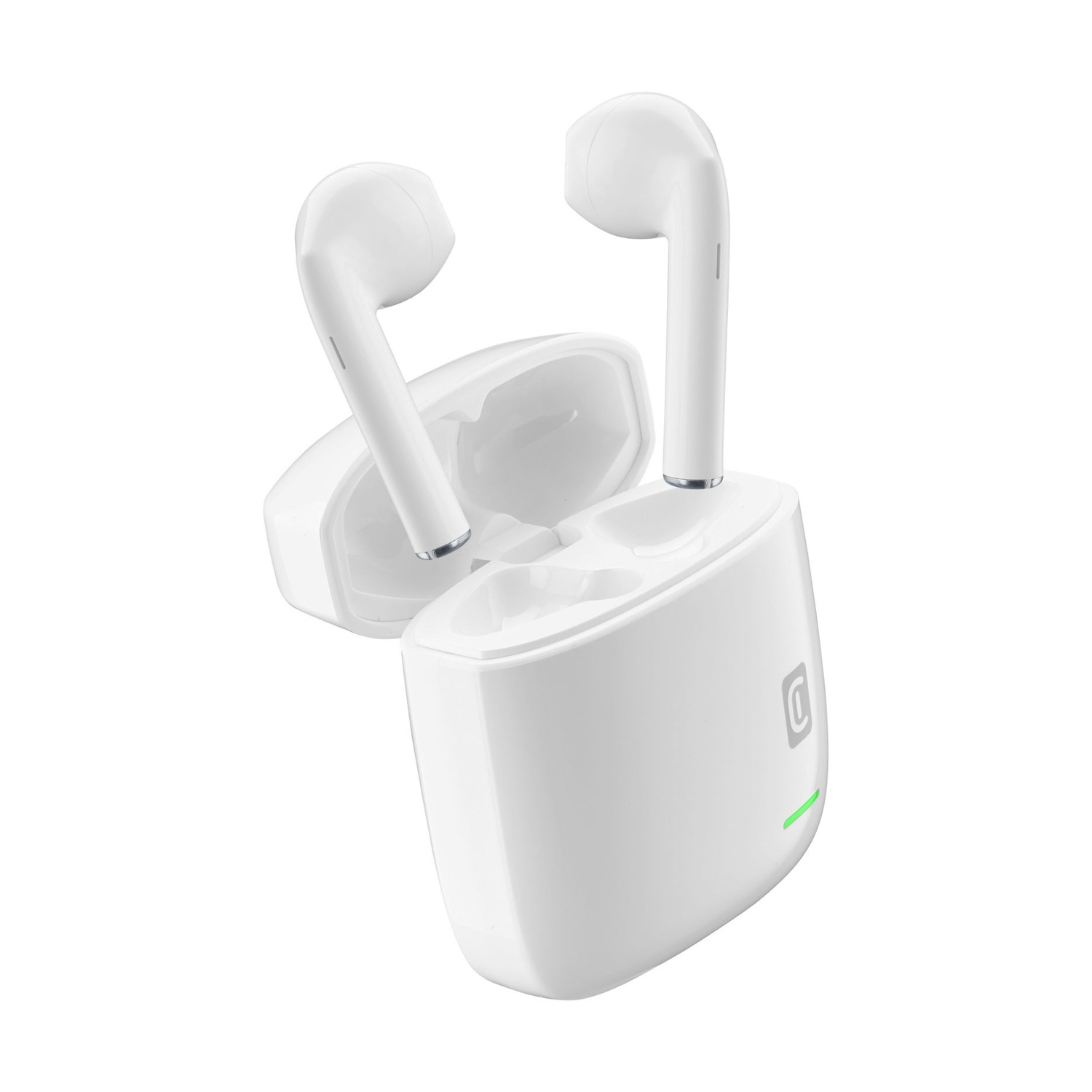 Auricolari wireless bianchi in una custodia di ricarica aperta con luce verde.