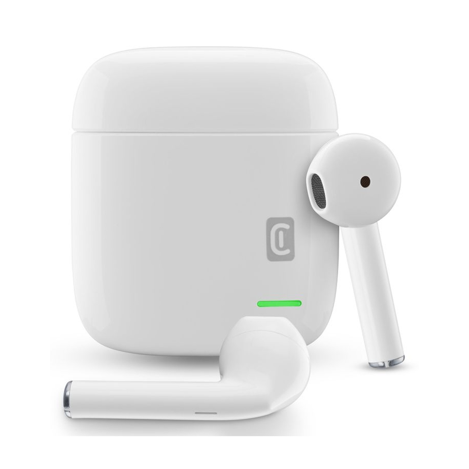 Auricolari wireless bianchi con custodia di ricarica, su sfondo bianco.