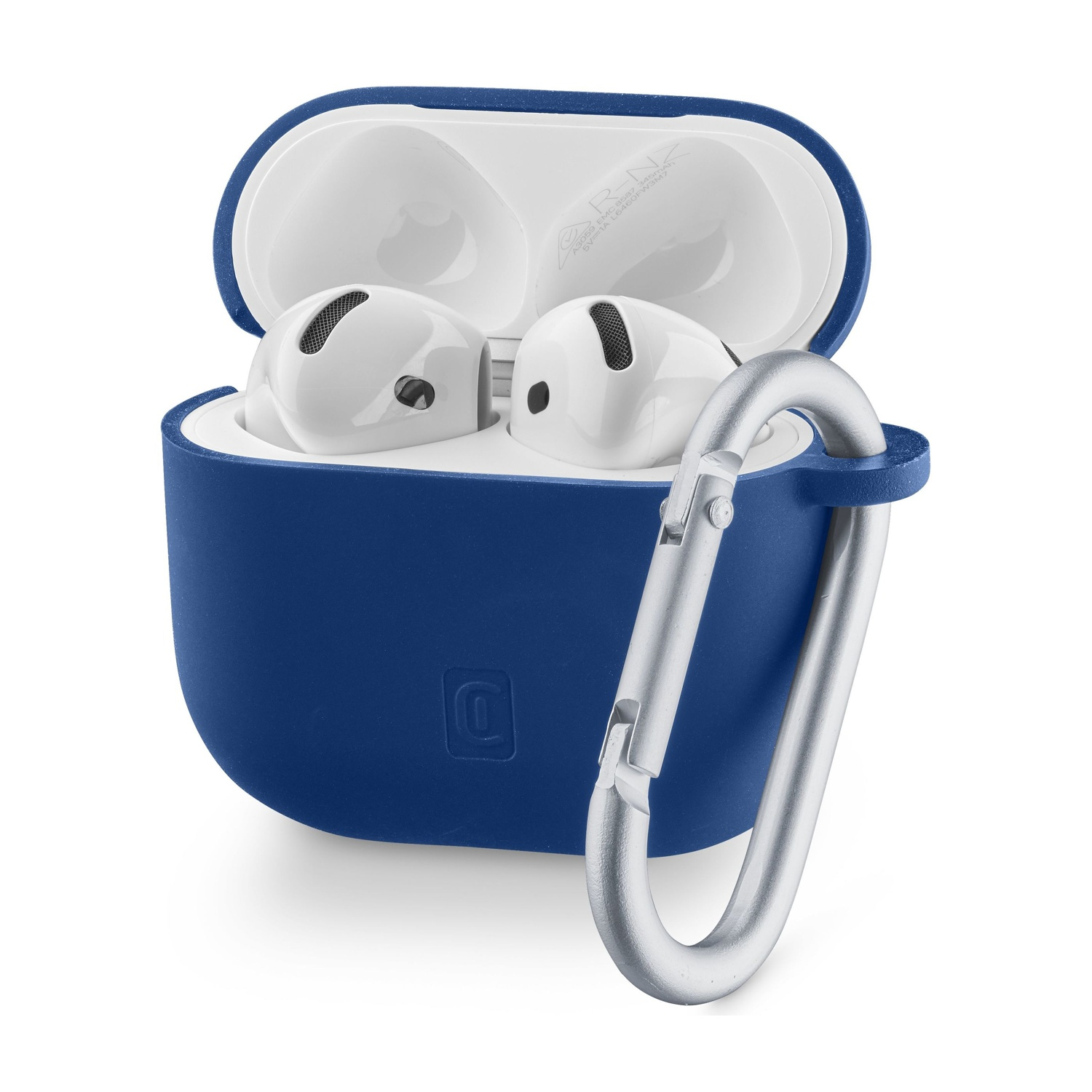 Auricolari wireless bianchi in custodia blu con moschettone argentato.
