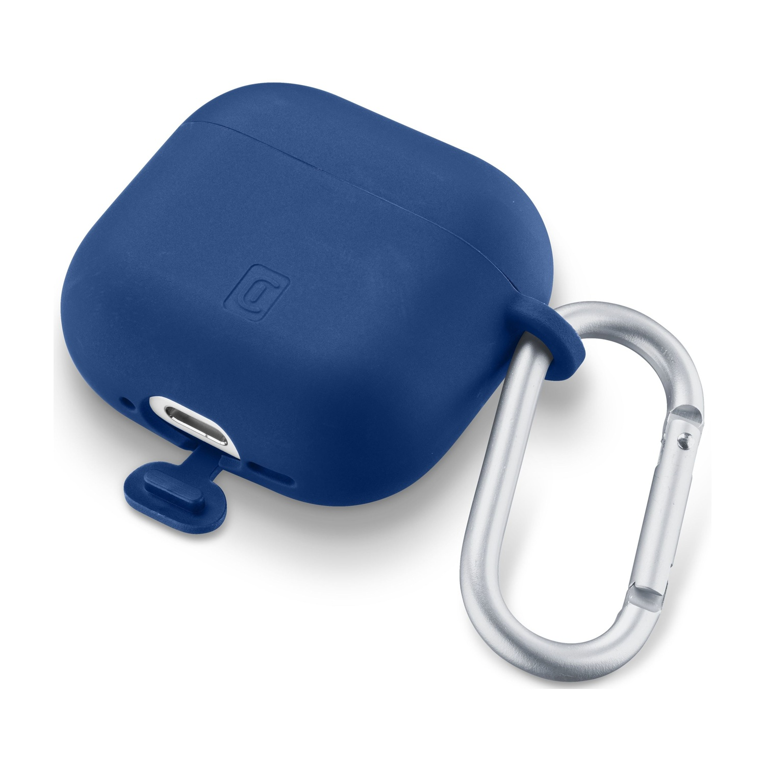 Custodia blu scuro con moschettone e copri porta di ricarica.
