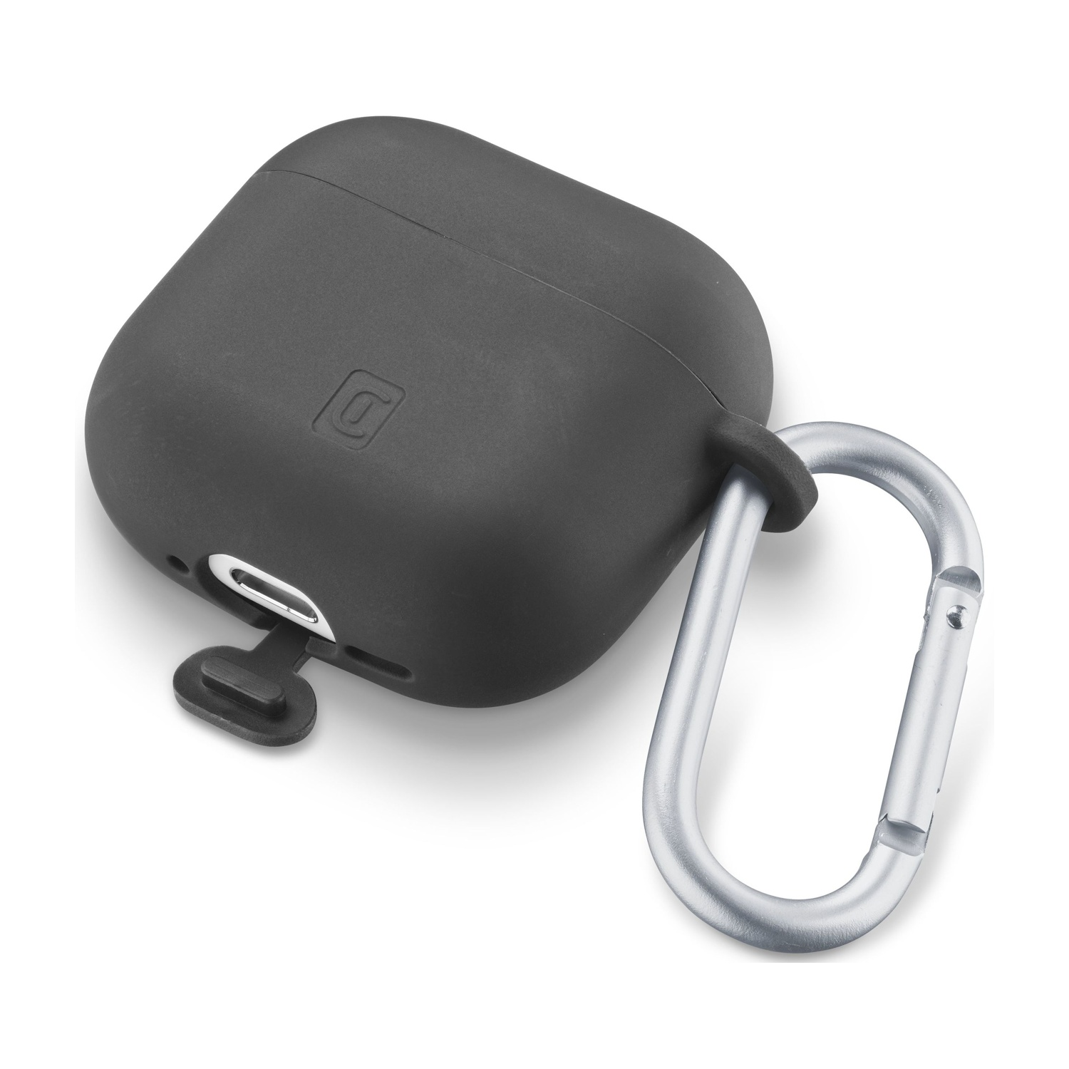 Custodia di ricarica grigio scuro con porta di ricarica e clip.