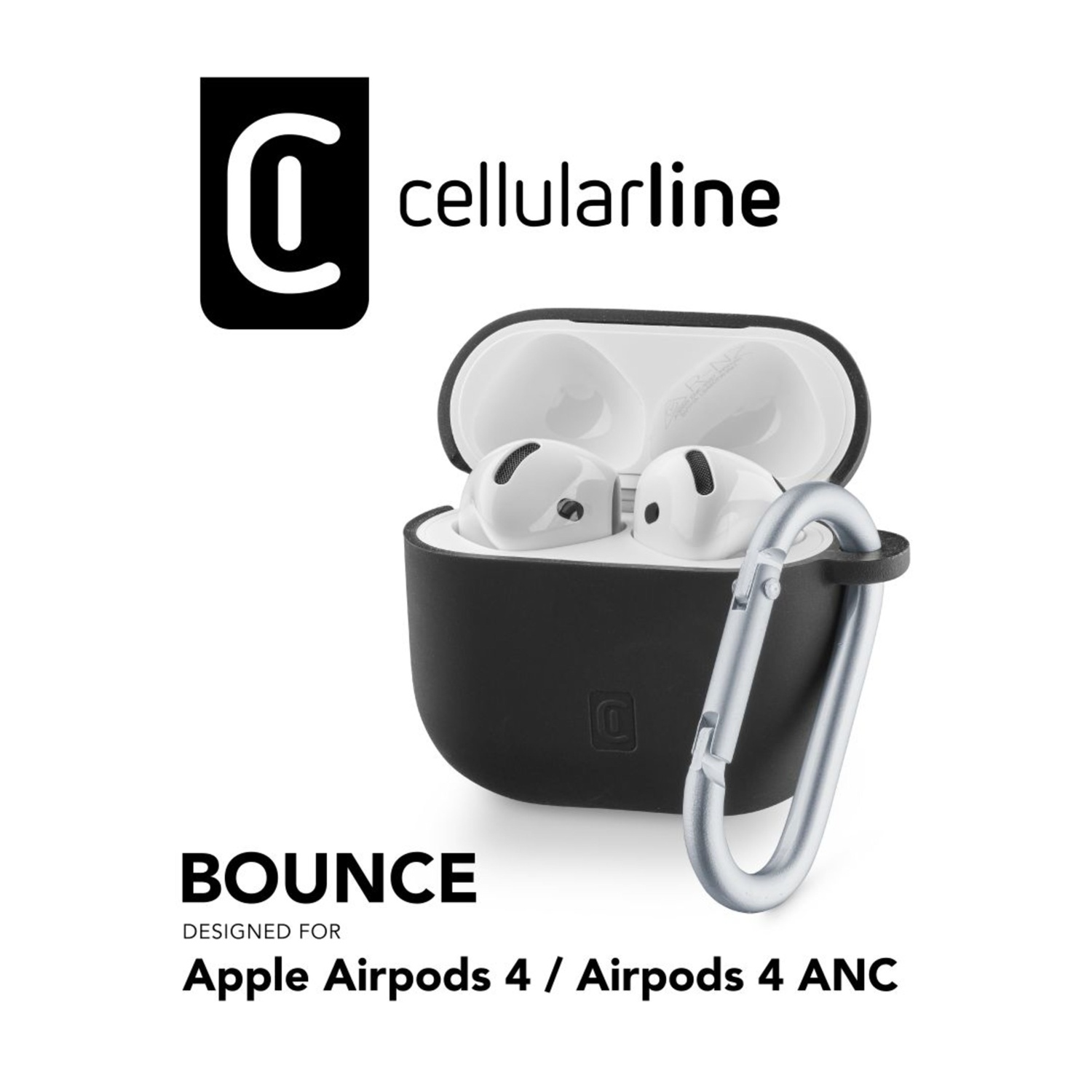 Custodia nera Cellularline con AirPods e moschettone.