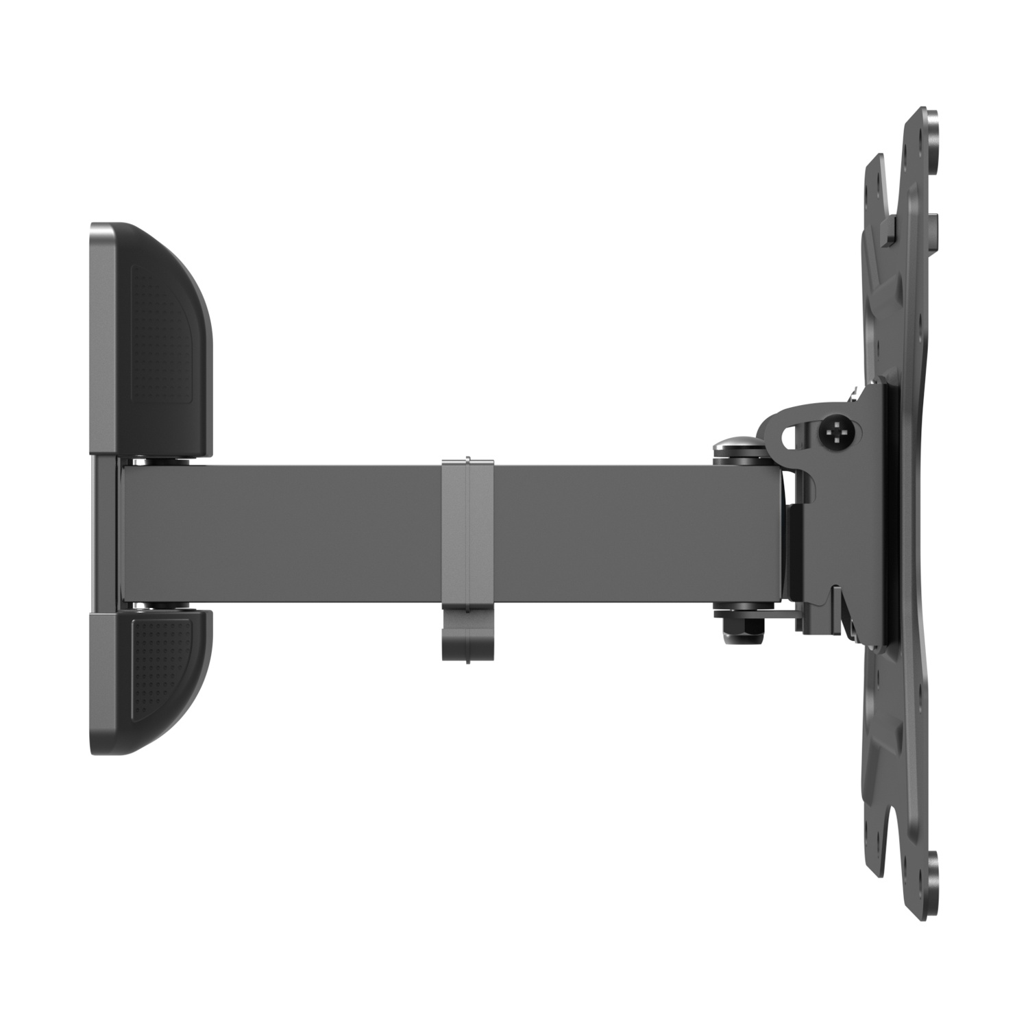 Un supporto da parete TV articolato in metallo scuro su sfondo bianco.